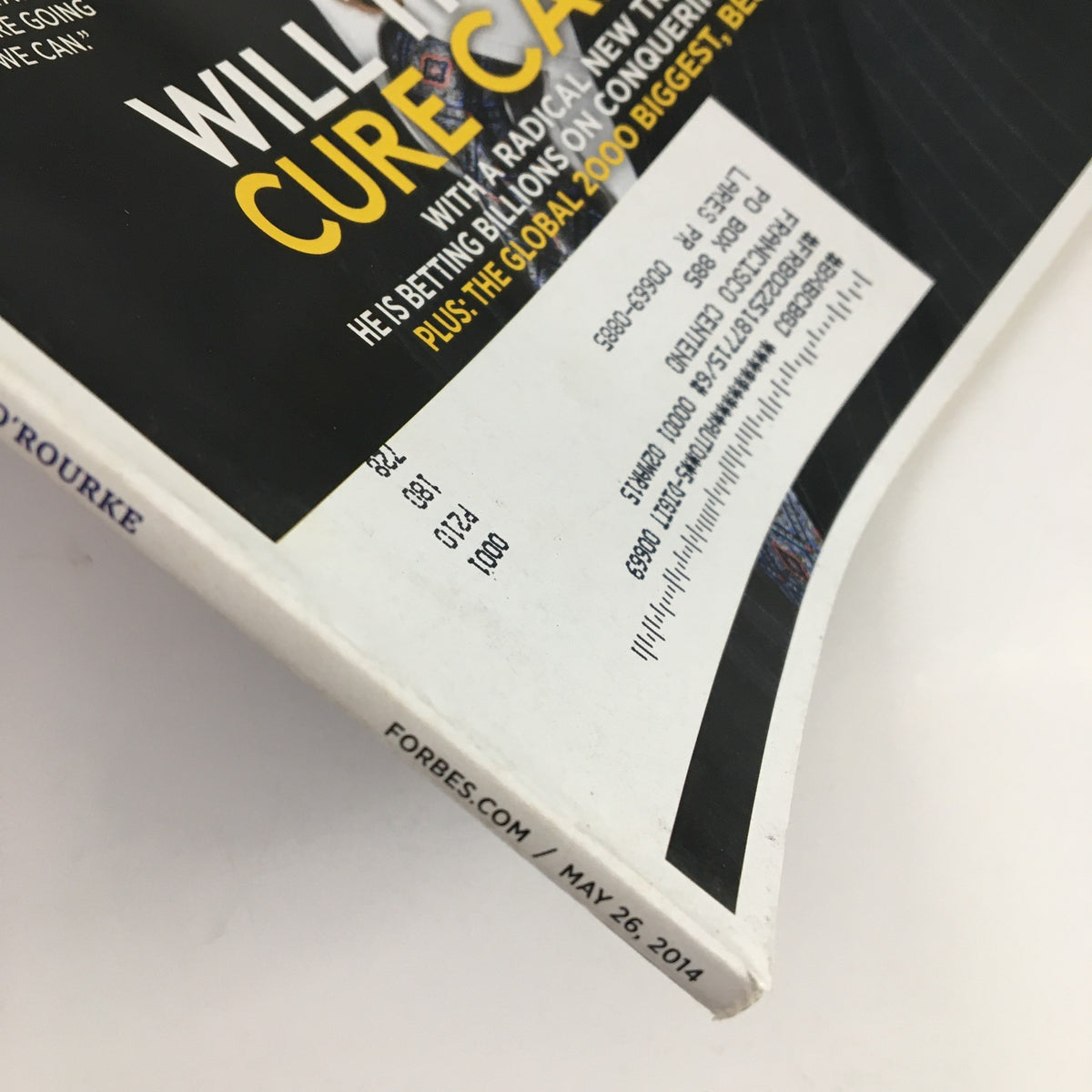 Close-up of the corner of Forbes Magazine May 26 2014, displaying details such as the publication date and special issue information.