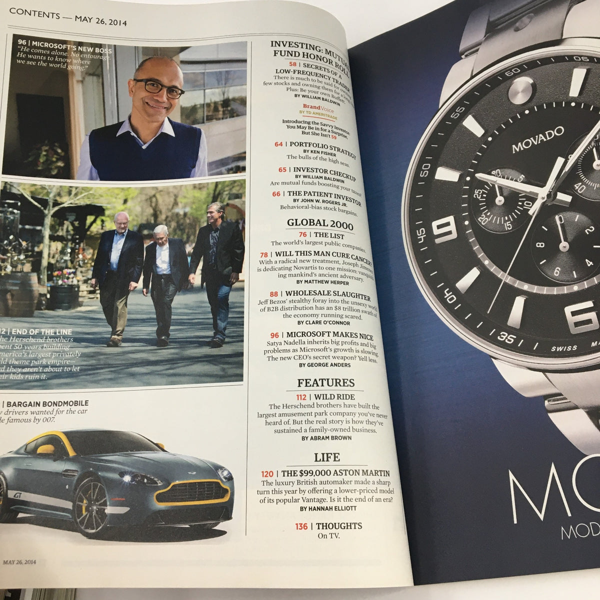 Contents page of Forbes Magazine May 26 2014, highlighting sections including an interview with Novartis CEO Joseph Jimenez and features on investment.