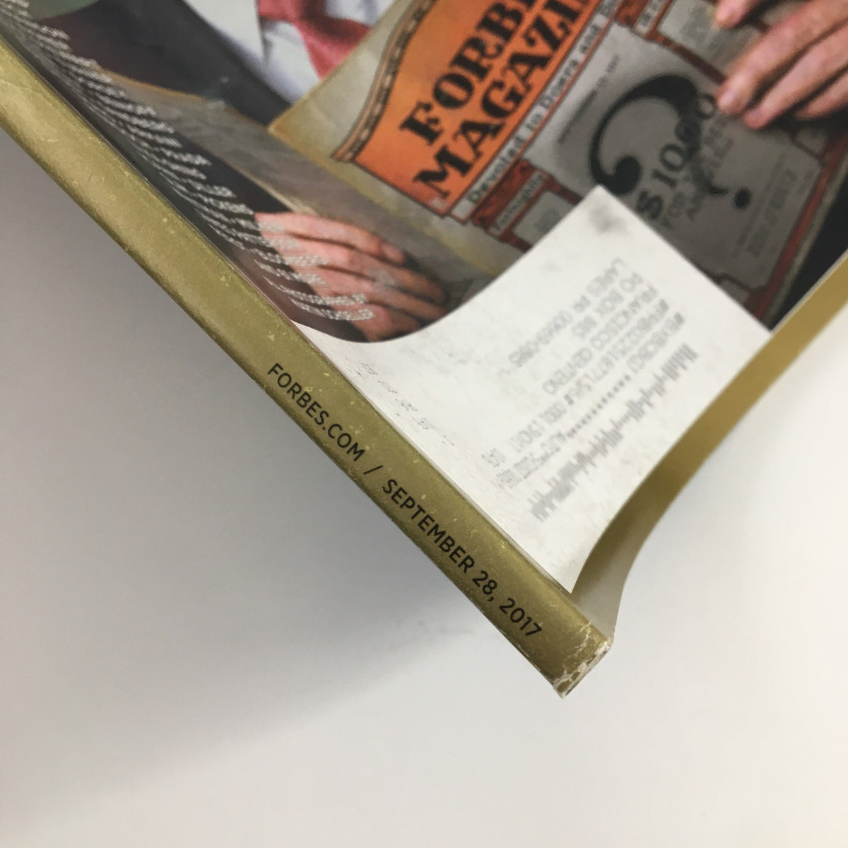 Forbes Magazine September 28 2017 cover detail, highlighting Warren Buffet with stock tips, showcasing vintage magazine condition.