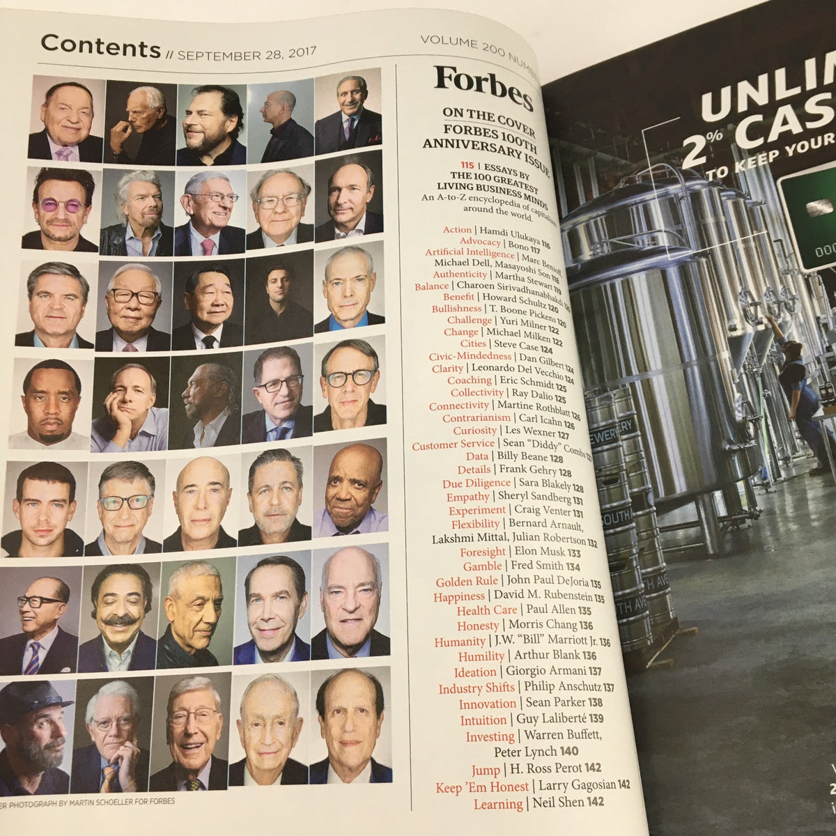 Forbes Magazine September 28 2017 contents page displaying a grid of prominent individuals, providing insights into the magazine's featured articles and topics.