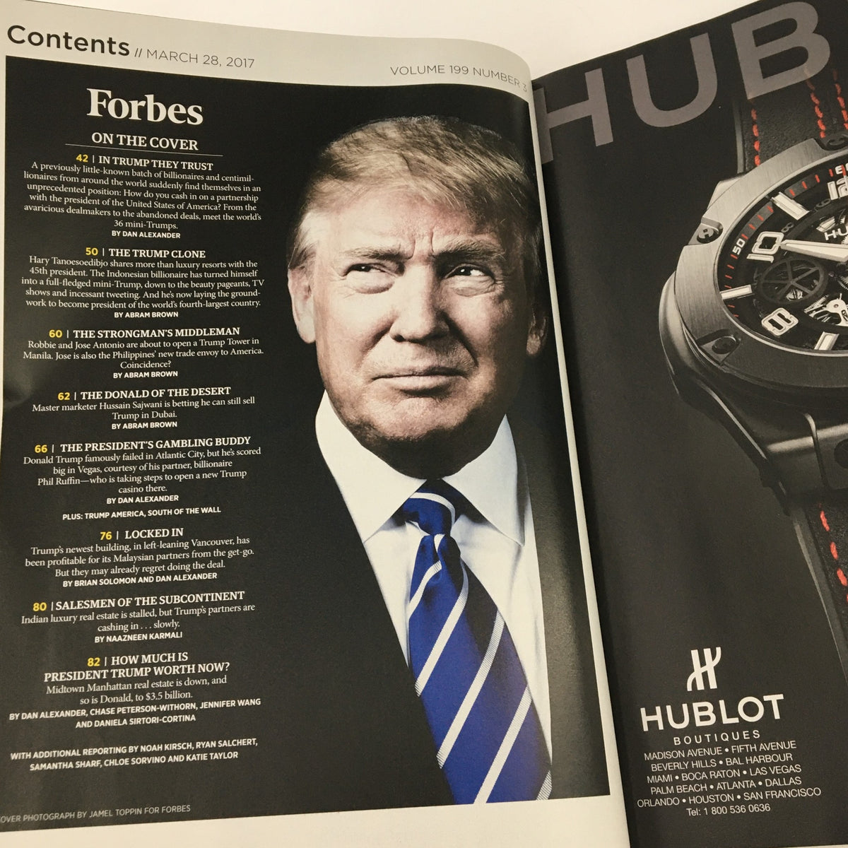 Contents page of Forbes Magazine March 28 2017 featuring articles related to Donald Trump, including 'In Trump They Trust' and various economic insights.