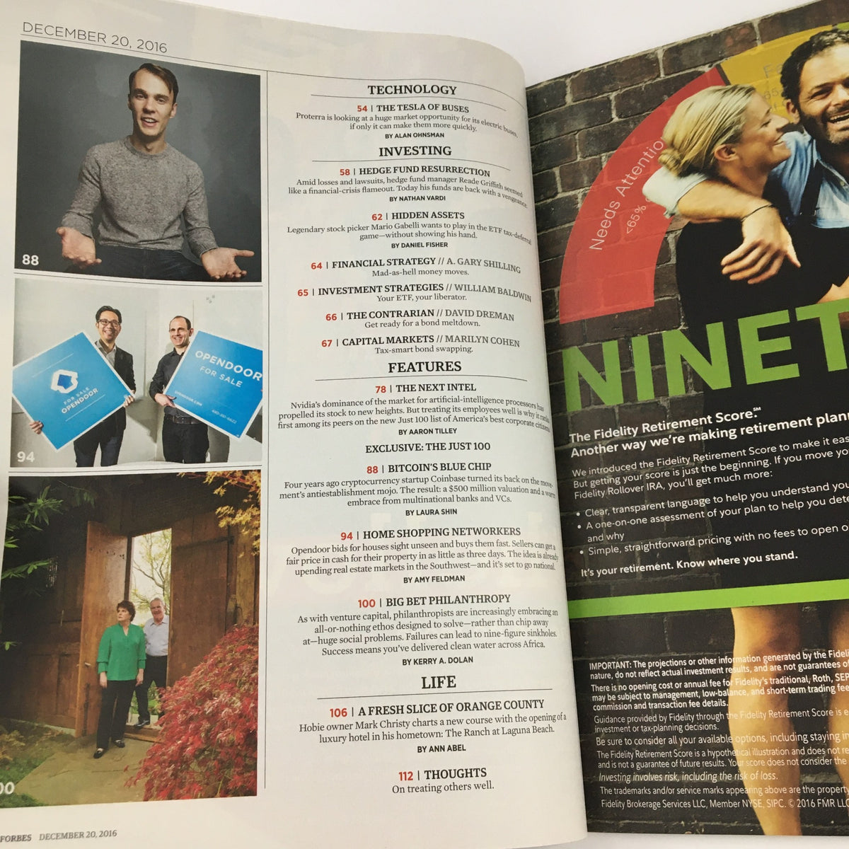 Interior spread of Forbes Magazine issue dated December 20, 2016, featuring articles and sections such as Technology, Investing, and Life, with a focus on Jared Kushner's influence in Donald Trump's election.