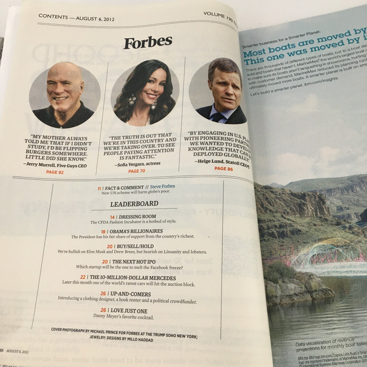 Contents page of Forbes Magazine from August 6, 2012, displaying articles and features including a quote by Steve Forbes.