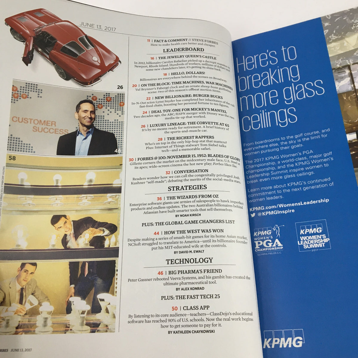 Interior page of the Forbes Magazine June 13, 2017, showcasing features on breaking glass ceilings and the KPMG Women’s Leadership Summit, relevant to Carolyn Rafaelian's entrepreneurial impact.