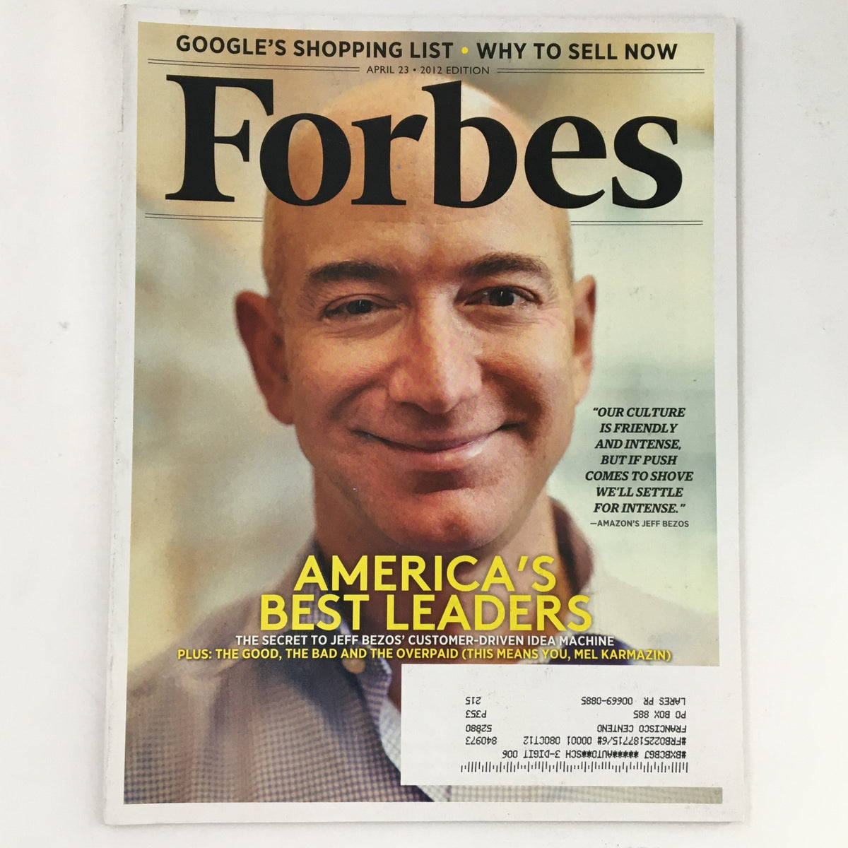 Forbes Magazine April 23 2012 cover featuring America's Best Leaders, showcasing Jeff Bezos, the founder of Amazon, smiling confidently.
