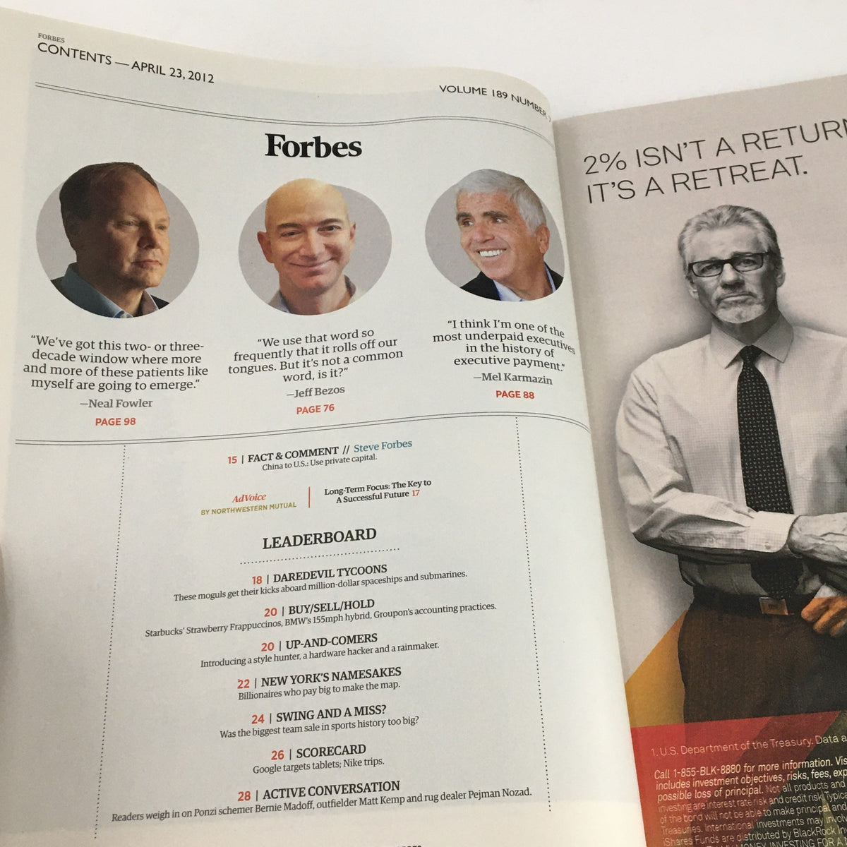 Forbes Magazine April 23 2012 contents page including images of Jeff Bezos and other leaders, with a feature on customer-driven innovation.