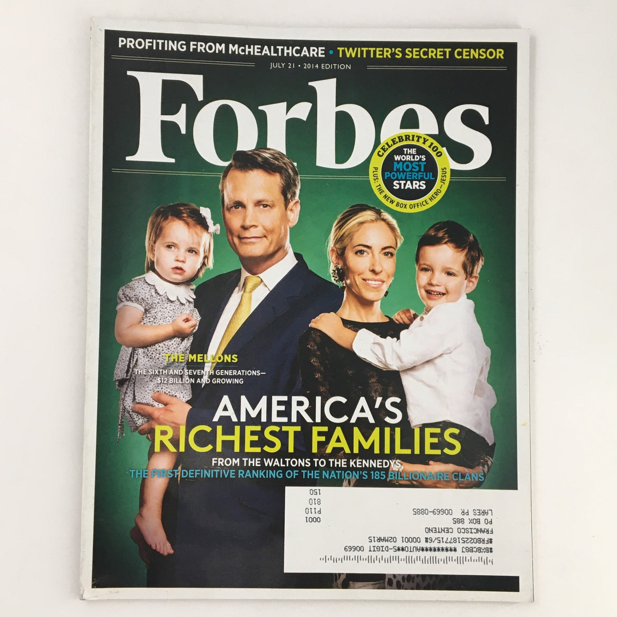 Forbes Magazine cover from July 21, 2014, featuring the headline 'The Mellon's Sixth and Seventh Generations' and the title 'America's Richest Families' with images of a family. Perfect for collectors and enthusiasts of vintage publications.