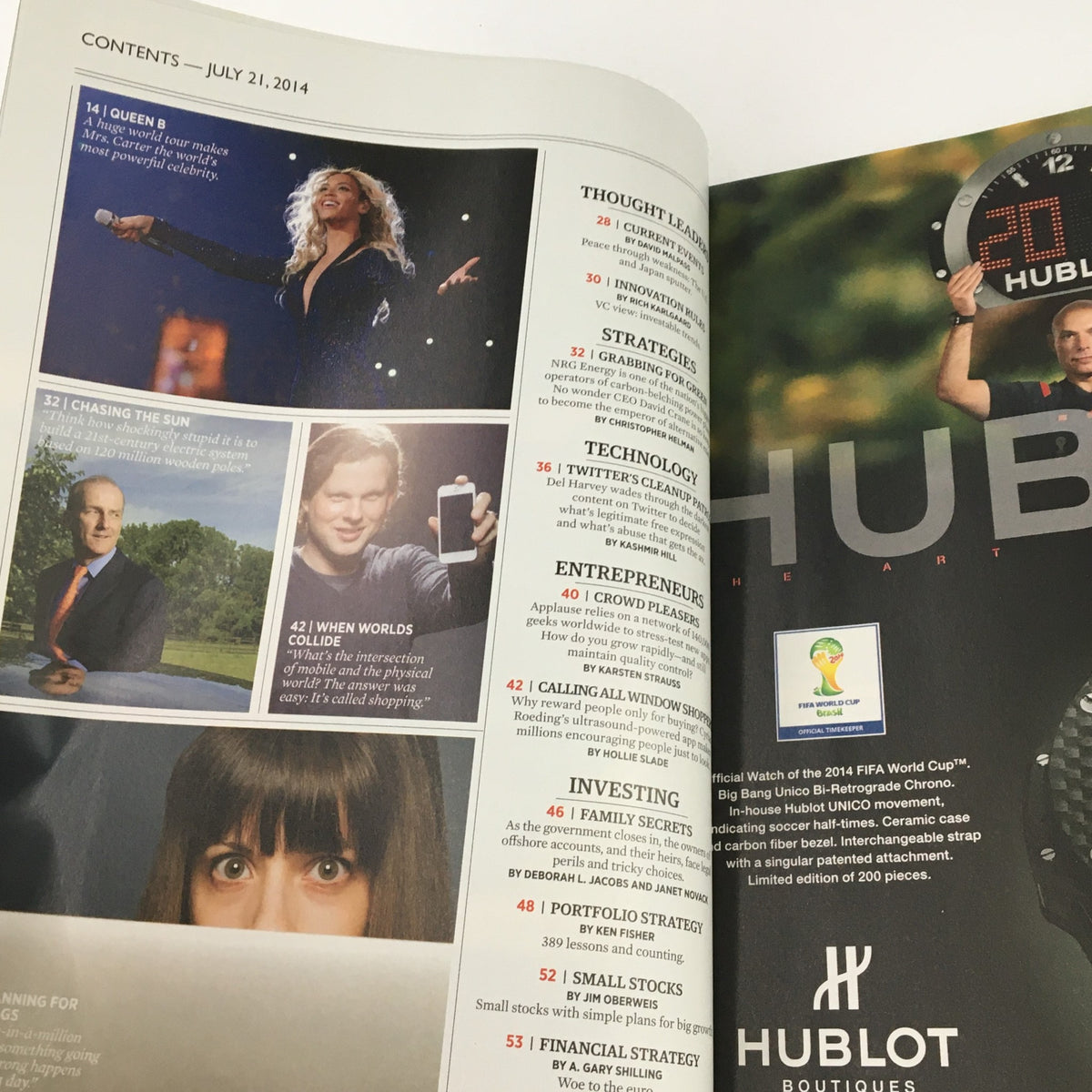Contents page of Forbes Magazine from July 21, 2014, highlighting various articles including features on technology, investing, and entrepreneurship, accompanied by captivating images. A valuable resource for readers interested in business and culture.