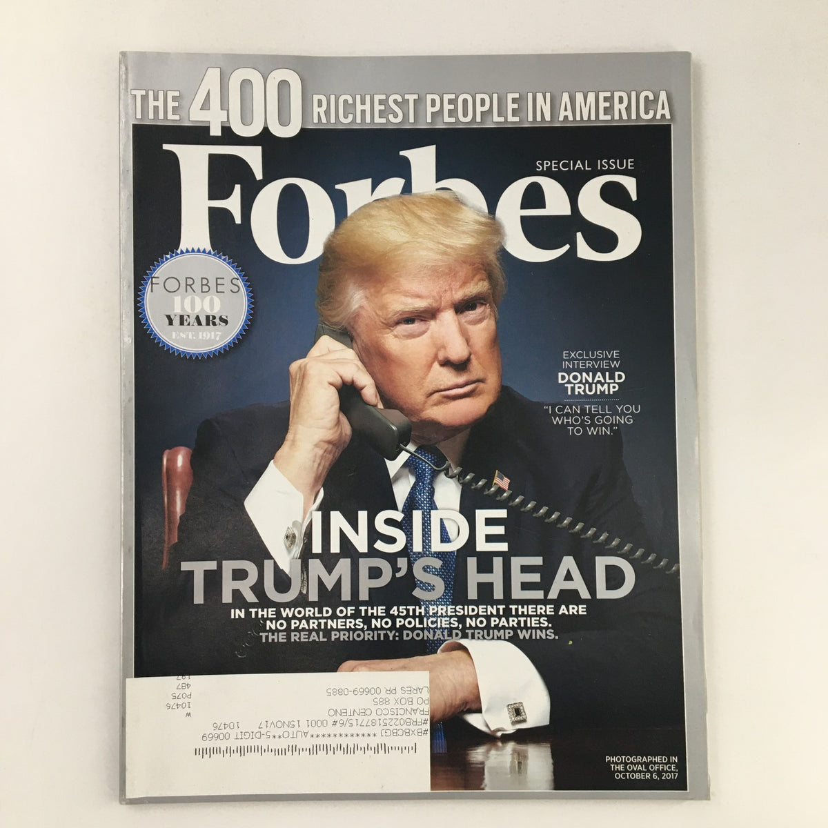 Forbes Magazine cover for November 14, 2017, featuring the article 'Inside Donald Trump's Head' with a portrait of Donald Trump on the phone.
