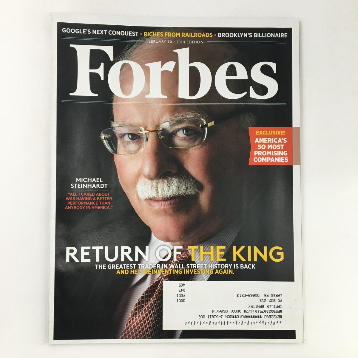 Forbes Magazine February 10, 2014 issue featuring Michael Steinhardt on the cover with the headline 'Return of the King', showcasing a prominent financier.
