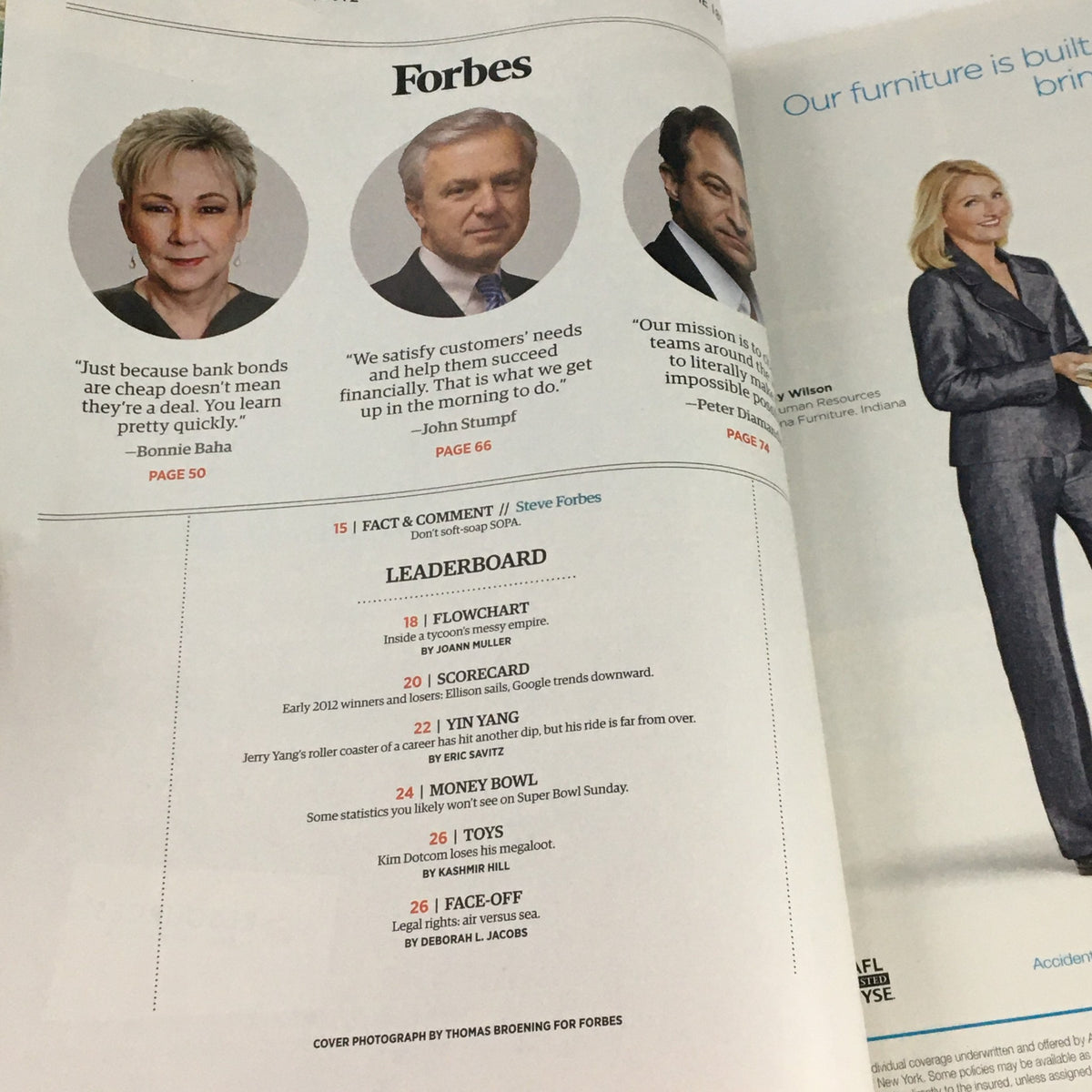 Interior page of Forbes Magazine February 13, 2012, showcasing various articles, including features and leadership discussions related to John Stumpf.