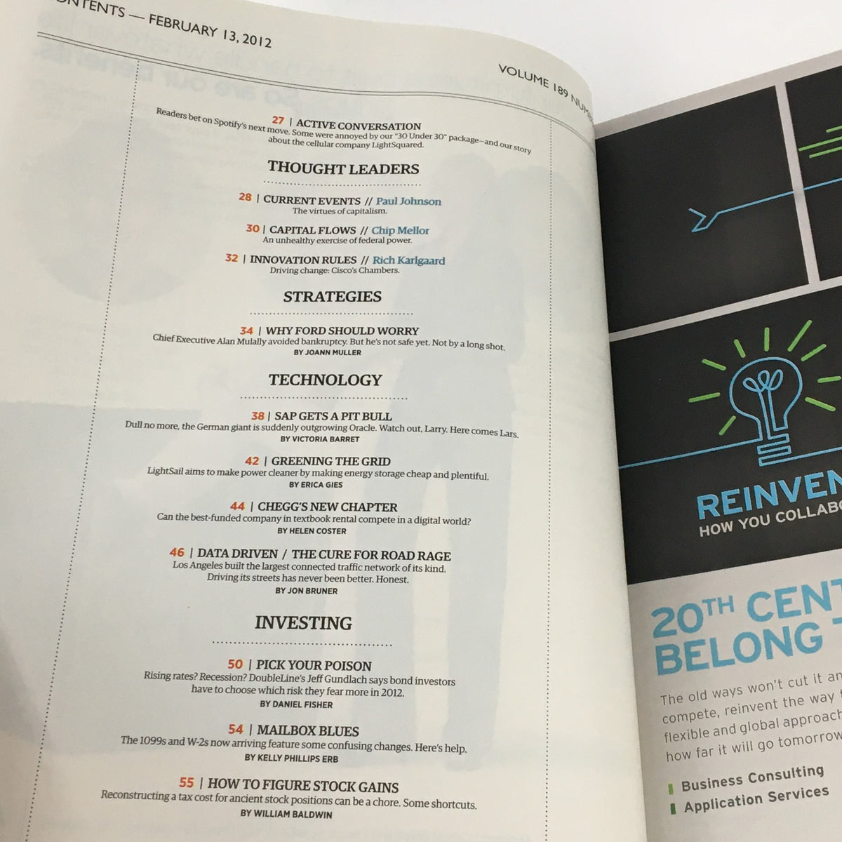 Contents page of Forbes Magazine February 13, 2012, outlining articles on technology, investing, and thought leaders relevant to John Stumpf.