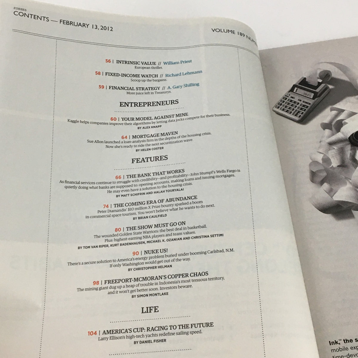 Second contents page of Forbes Magazine February 13, 2012, highlighting articles related to entrepreneurs and finance, including insights into John Stumpf's leadership.
