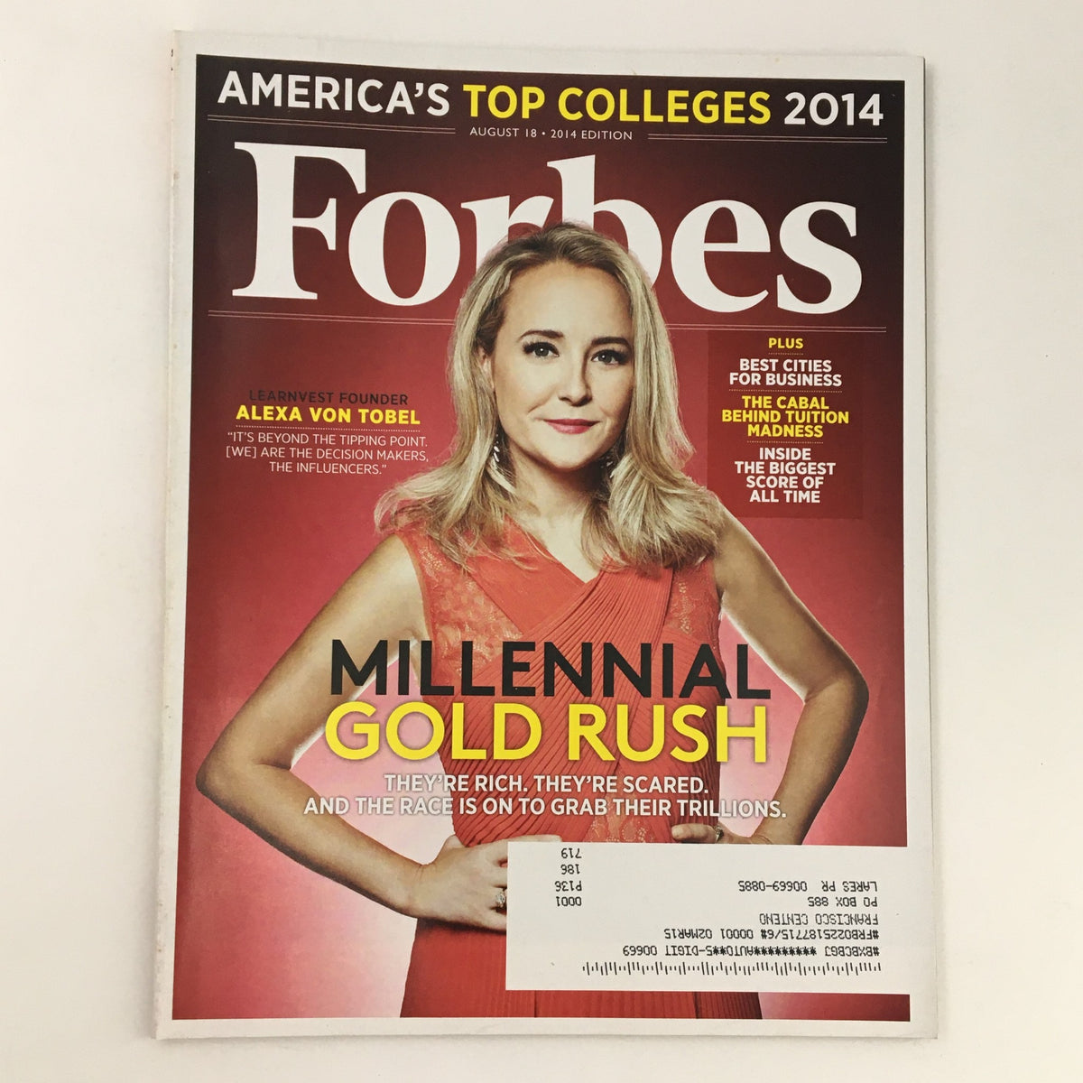 Forbes Magazine cover from August 18, 2014, featuring LearnVest founder Alexa Von Tobel with the headline 'Millennial Gold Rush', highlighting financial empowerment and entrepreneurship.