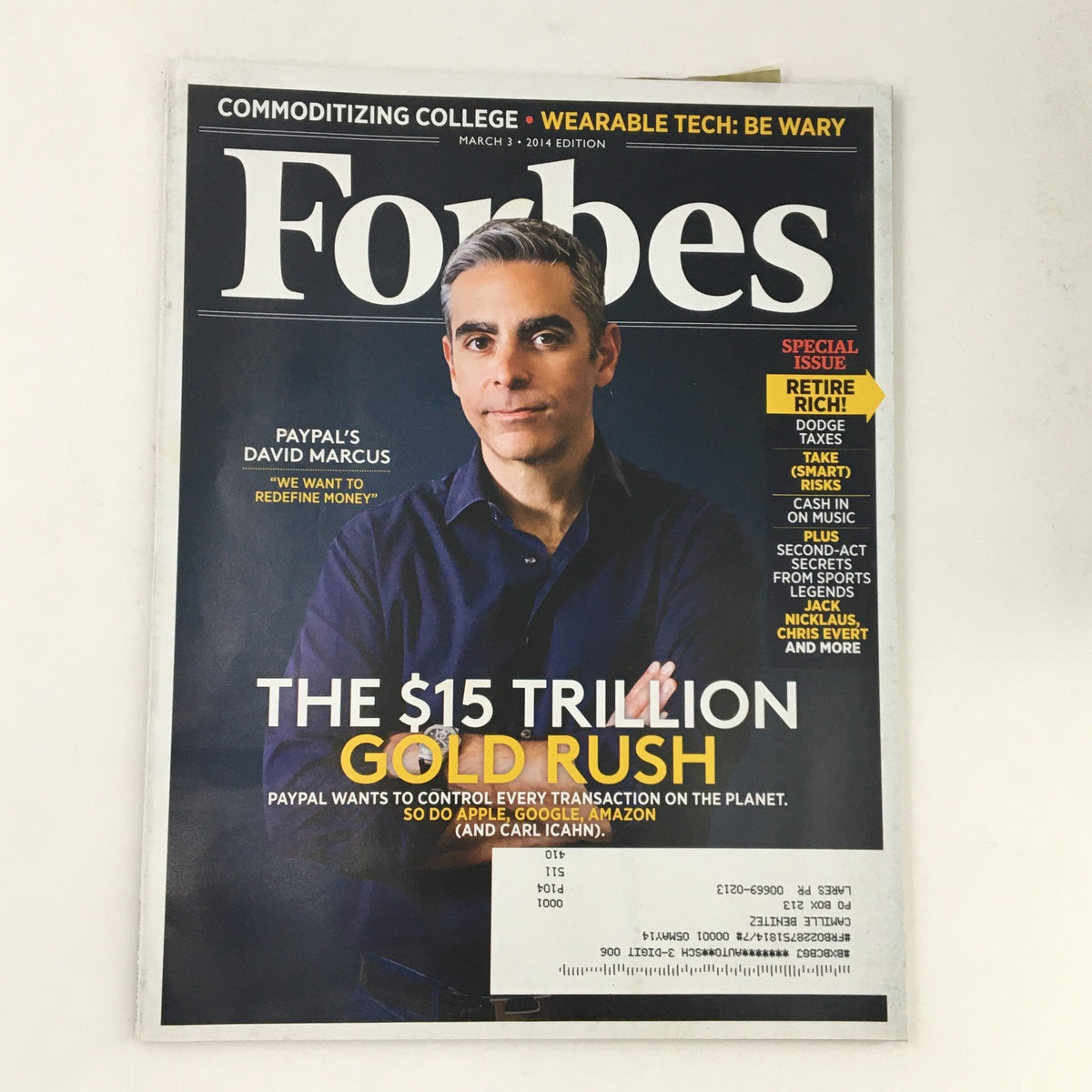 Forbes Magazine cover from March 3, 2014, featuring Paypal's David Marcus with the headline 'The $15 Trillion Gold Rush', highlighting the digital economy.