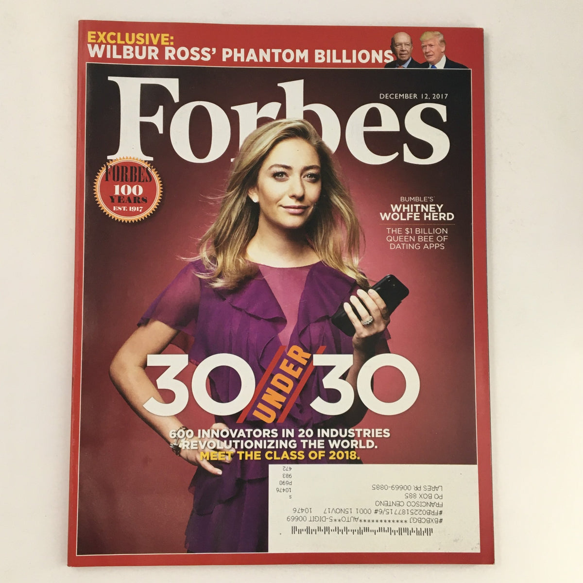Forbes Magazine December 12 2017 cover featuring Whitney Wolfe Herd, the founder of Bumble, recognized as a leading figure in the tech industry and listed in Forbes 30 Under 30.
