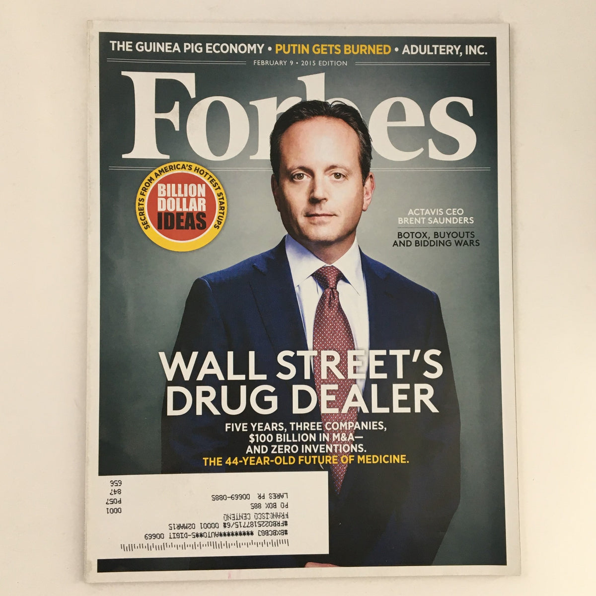 Forbes Magazine February 9, 2015 cover featuring Actavis CEO Brent Saunders, highlighting Wall Street's drug dealer with an emphasis on the pharmaceutical industry's key transformations.