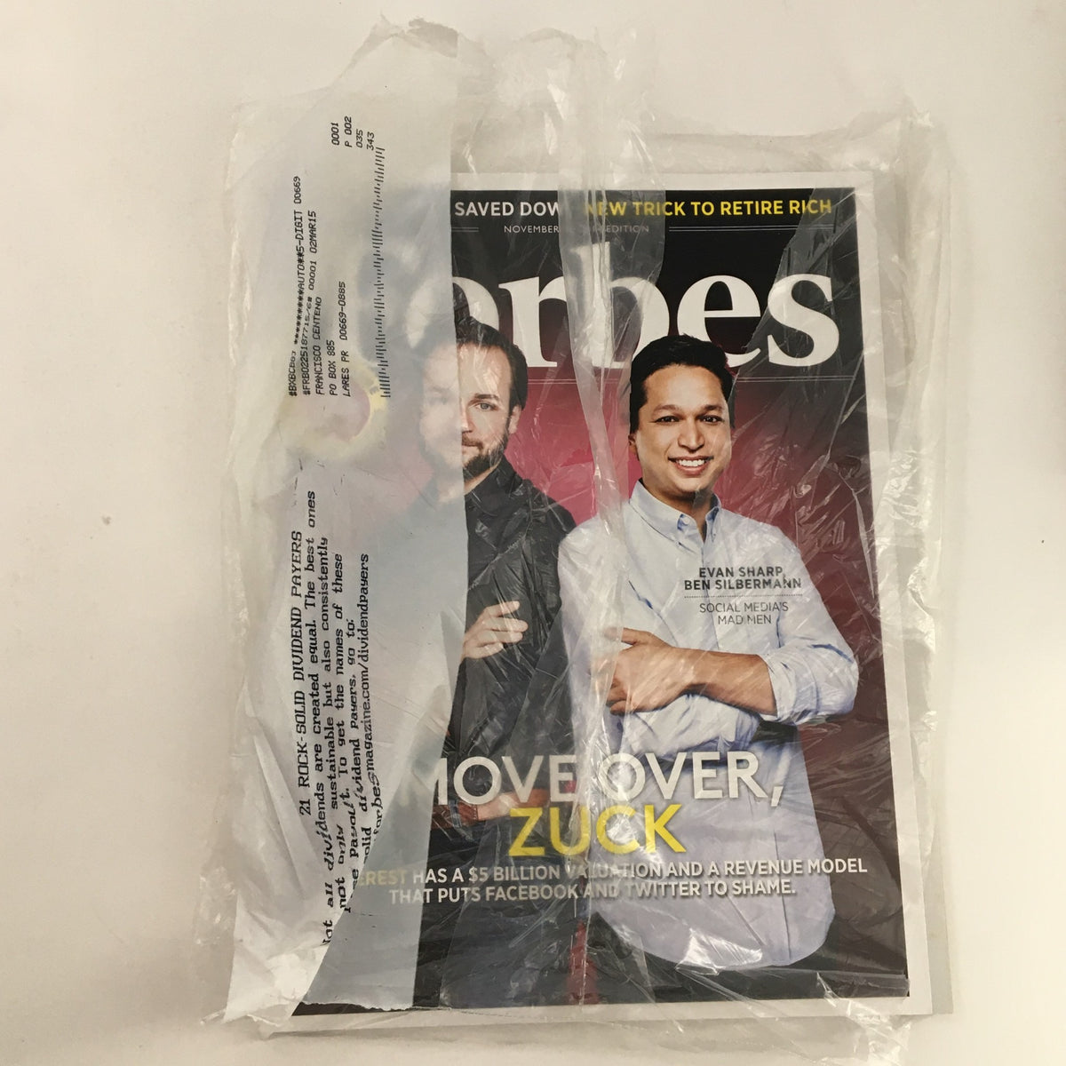 Forbes Magazine cover for November 3, 2014 featuring Evan Sharp and Ben Silbermann, titled 'Move Over, Zuck', highlighting social media entrepreneurs.