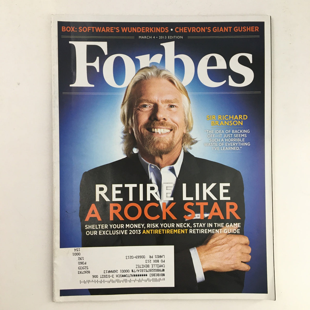 Forbes Magazine cover from March 14, 2013, featuring Sir Richard Branson with the headline 'Retire Like A Rock Star'. The cover includes insights on retirement strategies and financial advice for entrepreneurs, showcasing Branson's iconic image.