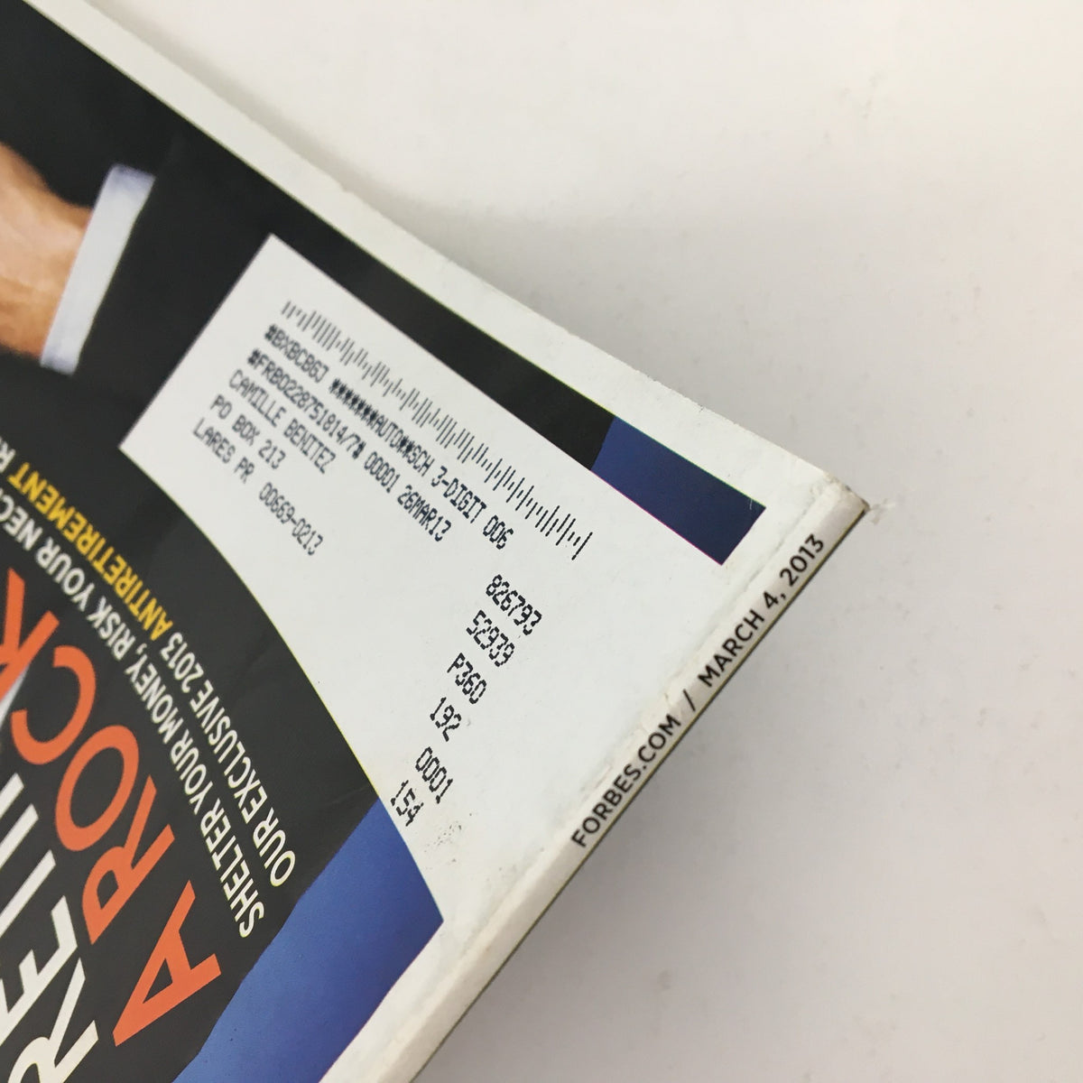 Cover detail of Forbes Magazine March 14, 2013 featuring the address label and publication date, highlighting the issue's title 'Retire Like A Rock Star' with insights from Sir Richard Branson.