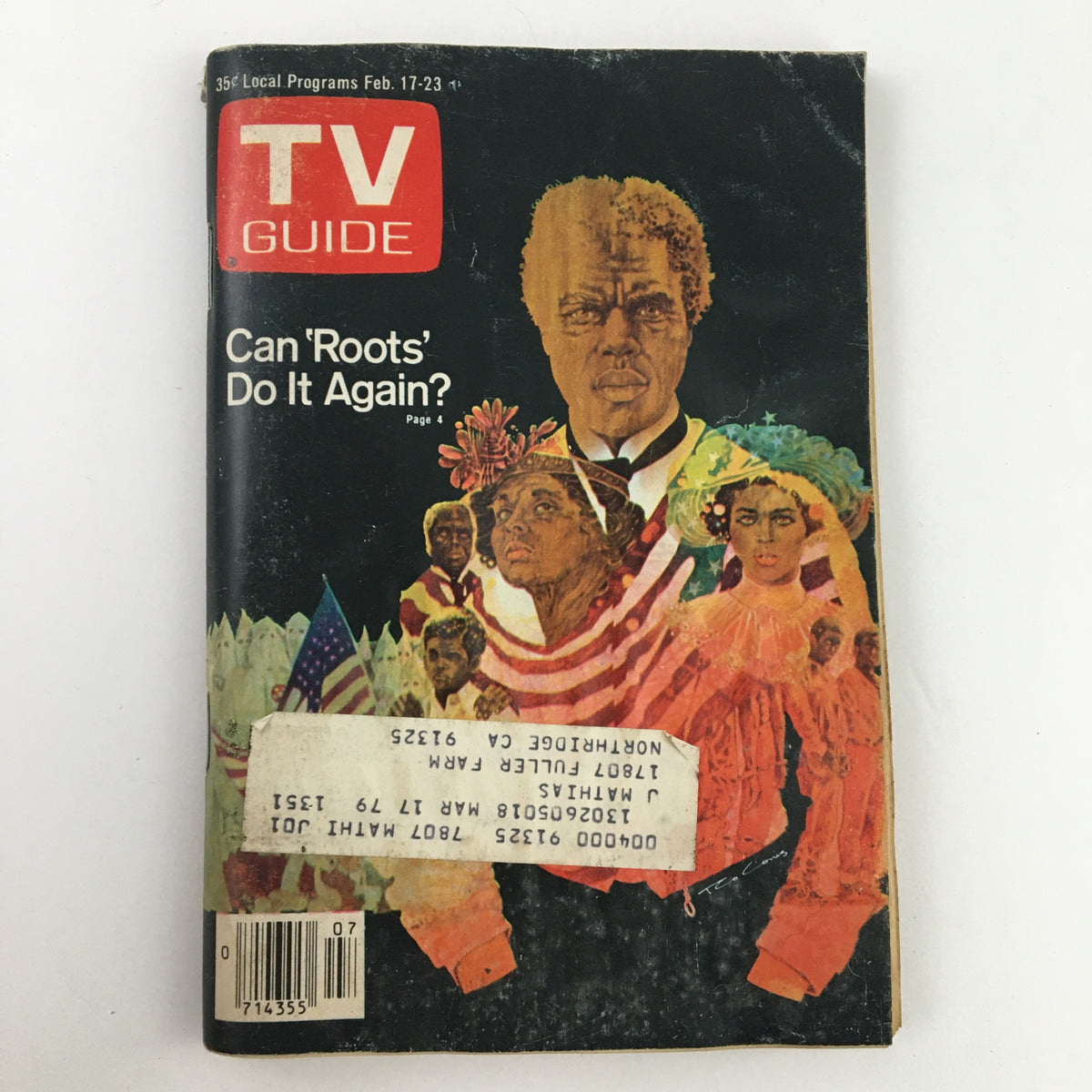 Cover of TV Guide Magazine February 17, 1979, featuring the headline 'Can 'Roots' Do It Again?' with an illustration depicting key characters from the miniseries Roots.