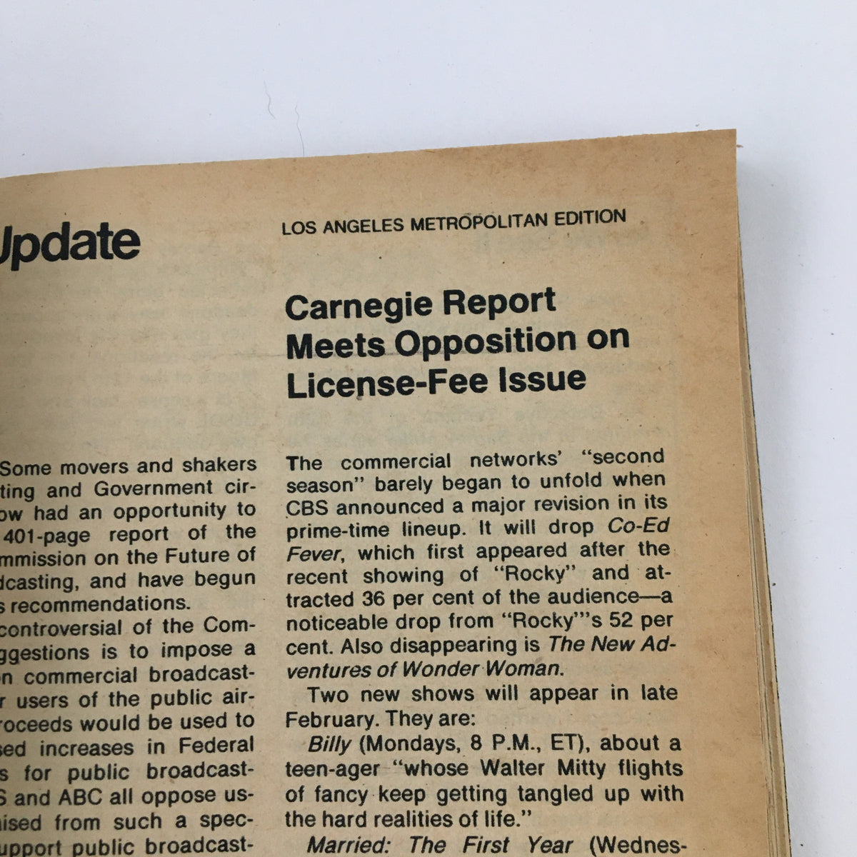Close-up view of a vintage TV Guide Magazine from February 17, 1979, featuring an article titled "Can 'Roots' Do It Again". The page includes a report on the Carnegie Commission's recommendations regarding public broadcasting and license-fee issues, showcasing the historical context of television during that era.