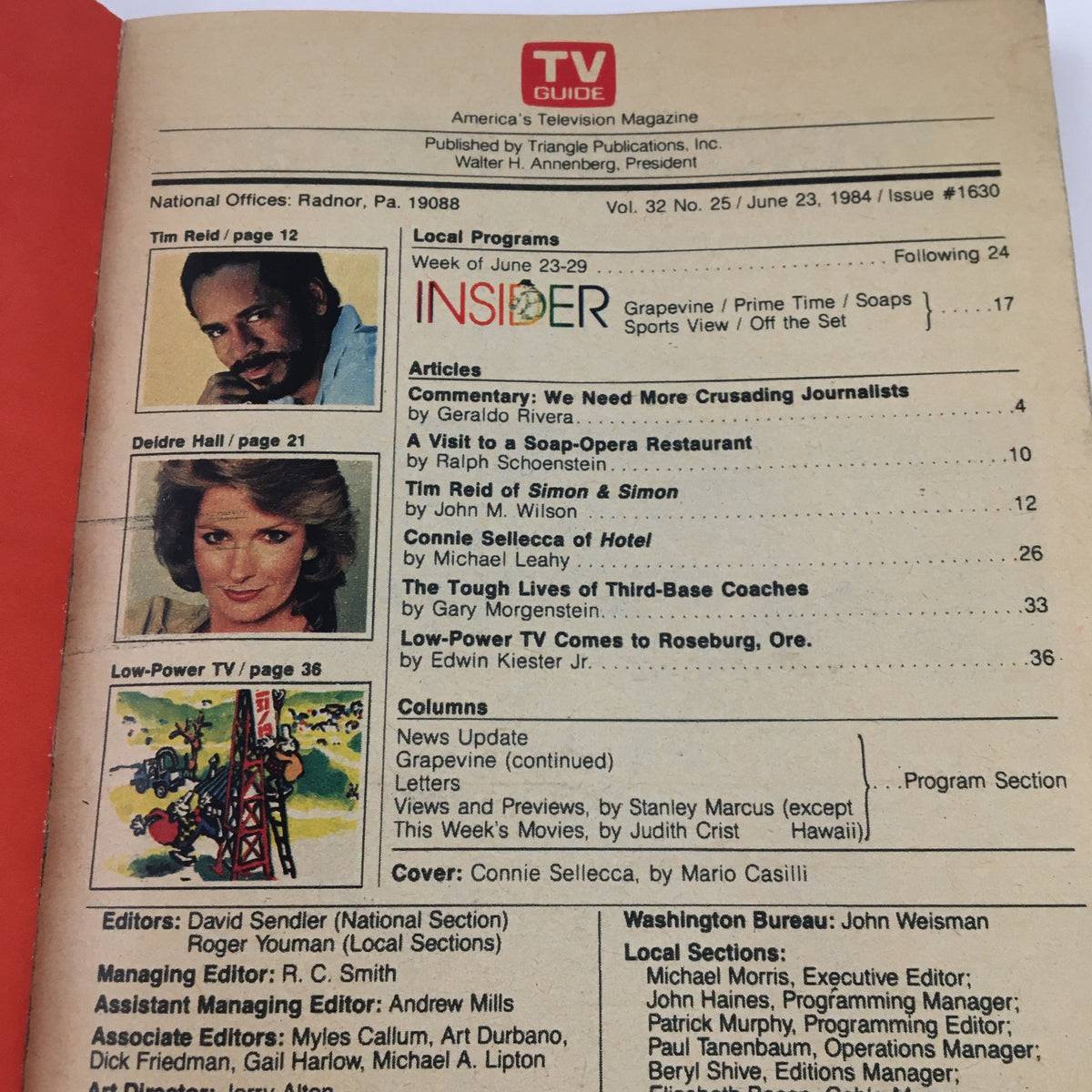 Inside page of TV Guide Magazine June 23, 1984, listing articles including features on Tim Reid and Connie Sellecca.