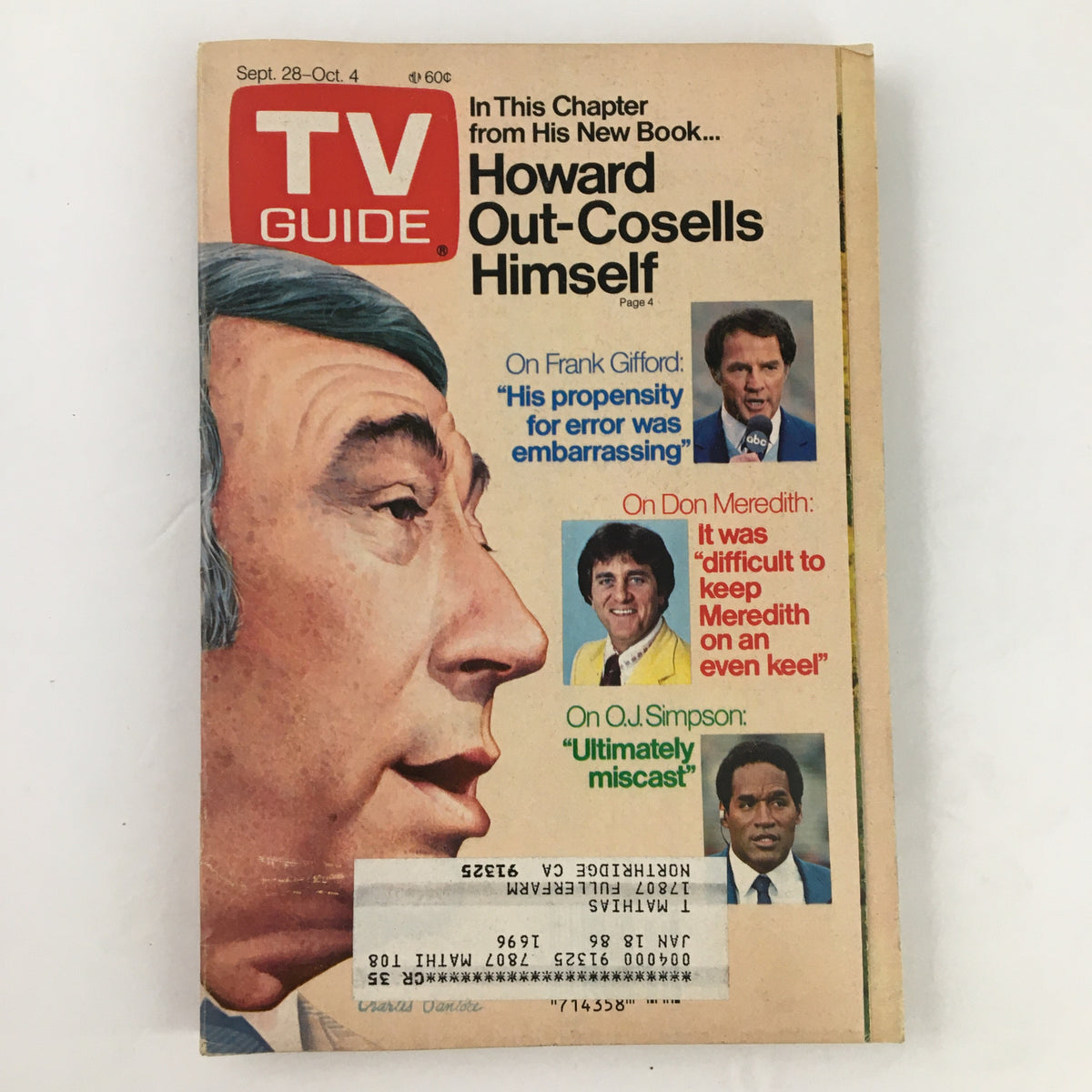 Cover of TV Guide Magazine from September 28, 1985 featuring Howard Cosell and O.J. Simpson, showcasing commentary and features from notable personalities of the time.