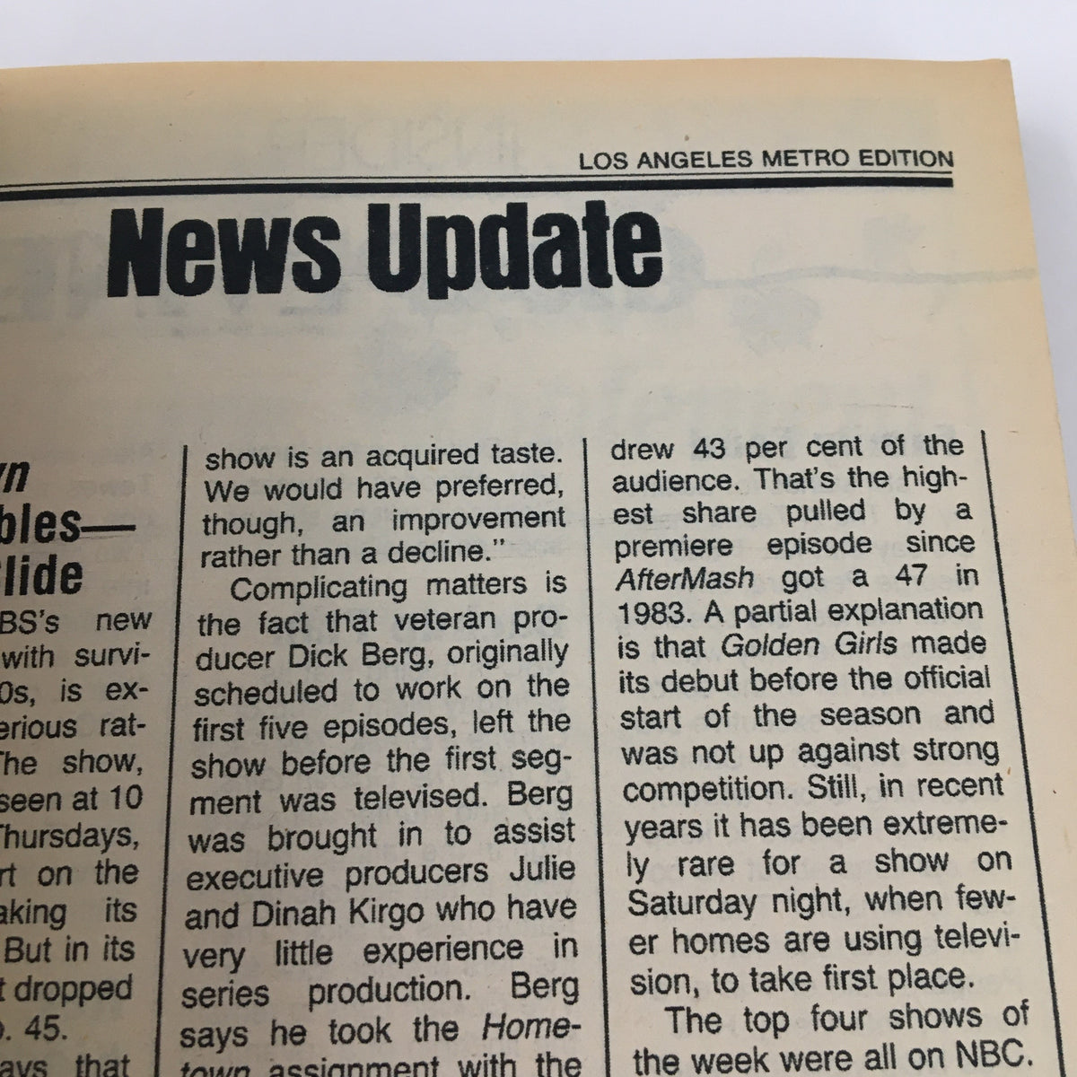 News update section from TV Guide Magazine, Los Angeles metro edition September 28, 1985, highlighting television audience statistics and shows.