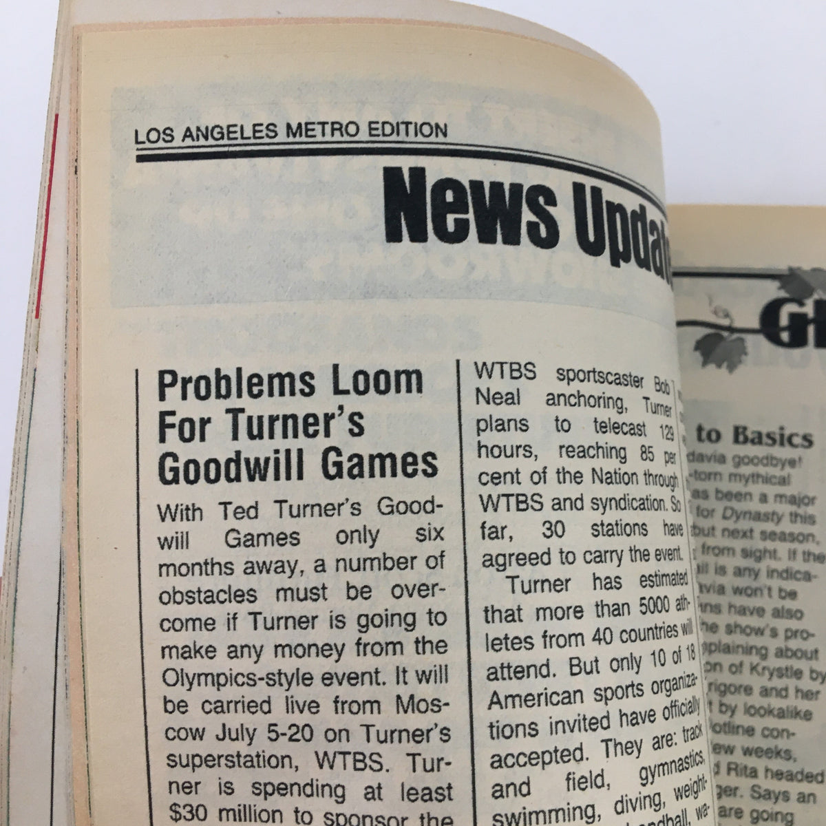 News update section from the TV Guide Magazine January 11, 1986, discussing Turner’s Goodwill Games, part of the Los Angeles edition.