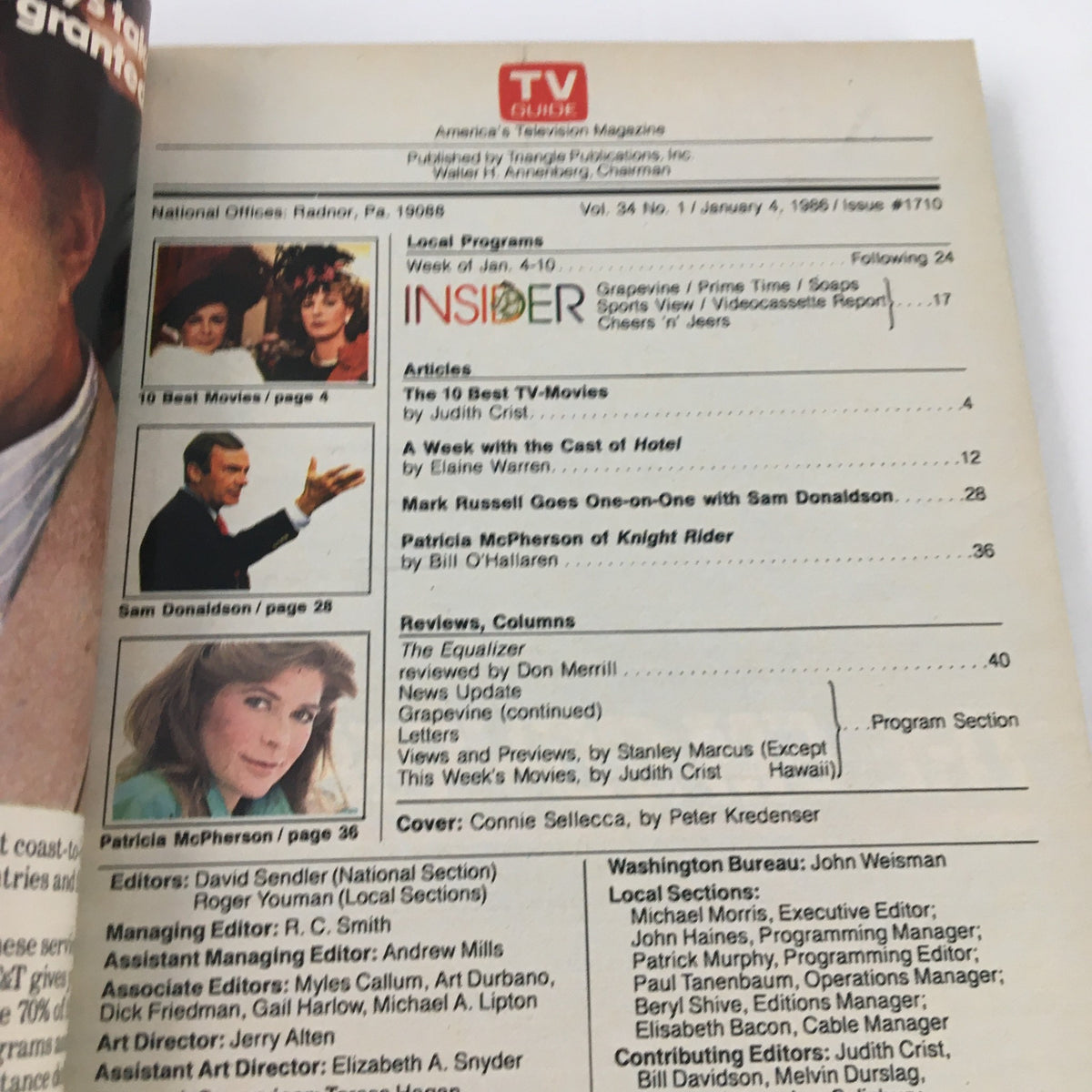 Inside page of TV Guide Magazine from January 4, 1986, listing articles including 'The 10 Best TV-Movies' and featuring Connie Selleca.