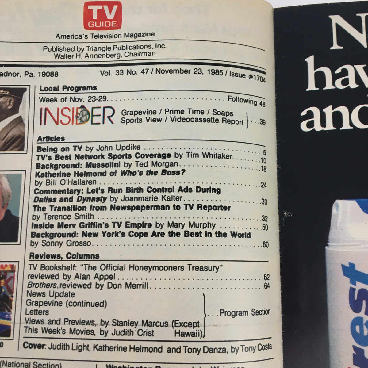 Inside cover of TV Guide Magazine November 23 1985, detailing articles and features, including a spotlight on Katherine Helmond from 'Who's the Boss?'