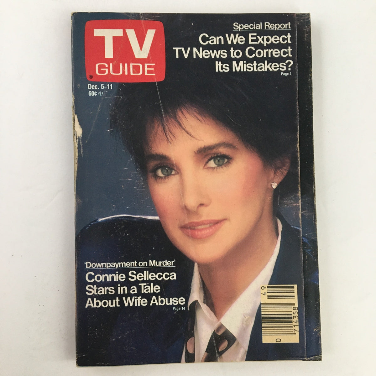 Cover of TV Guide Magazine December 5, 1987 featuring Connie Selleca, highlighting her role in a tale about wife abuse. The magazine also includes the special report 'Can We Expect TV News to Correct Its Mistakes?'.