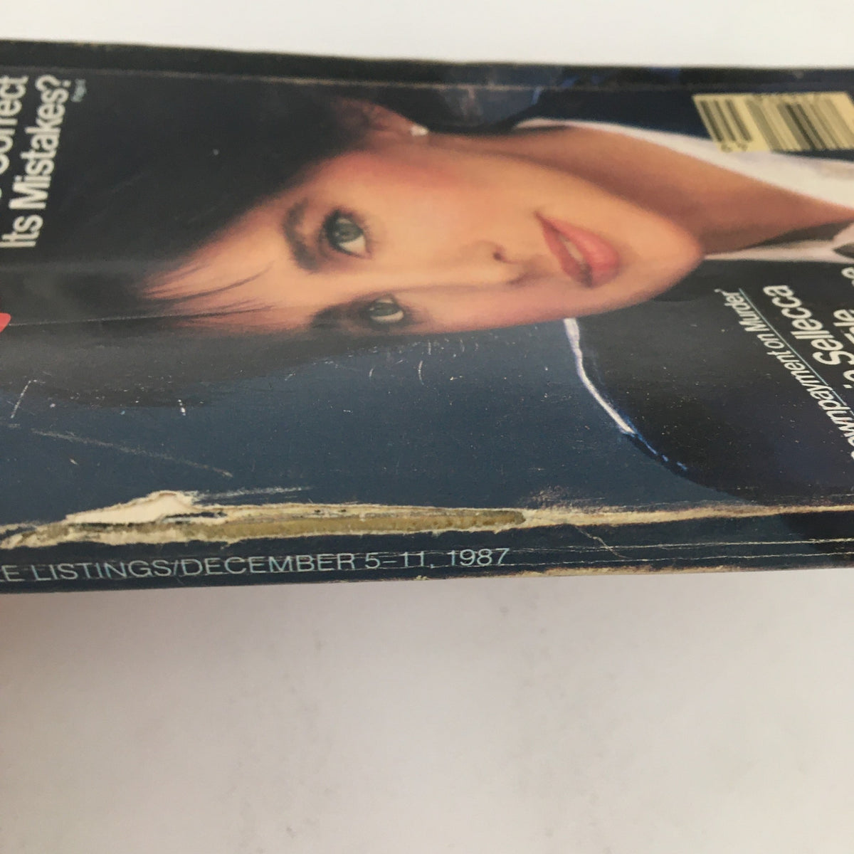 Side view of TV Guide Magazine December 5, 1987, showcasing the minor wear and tear typical for vintage magazines while featuring Connie Selleca on the cover.