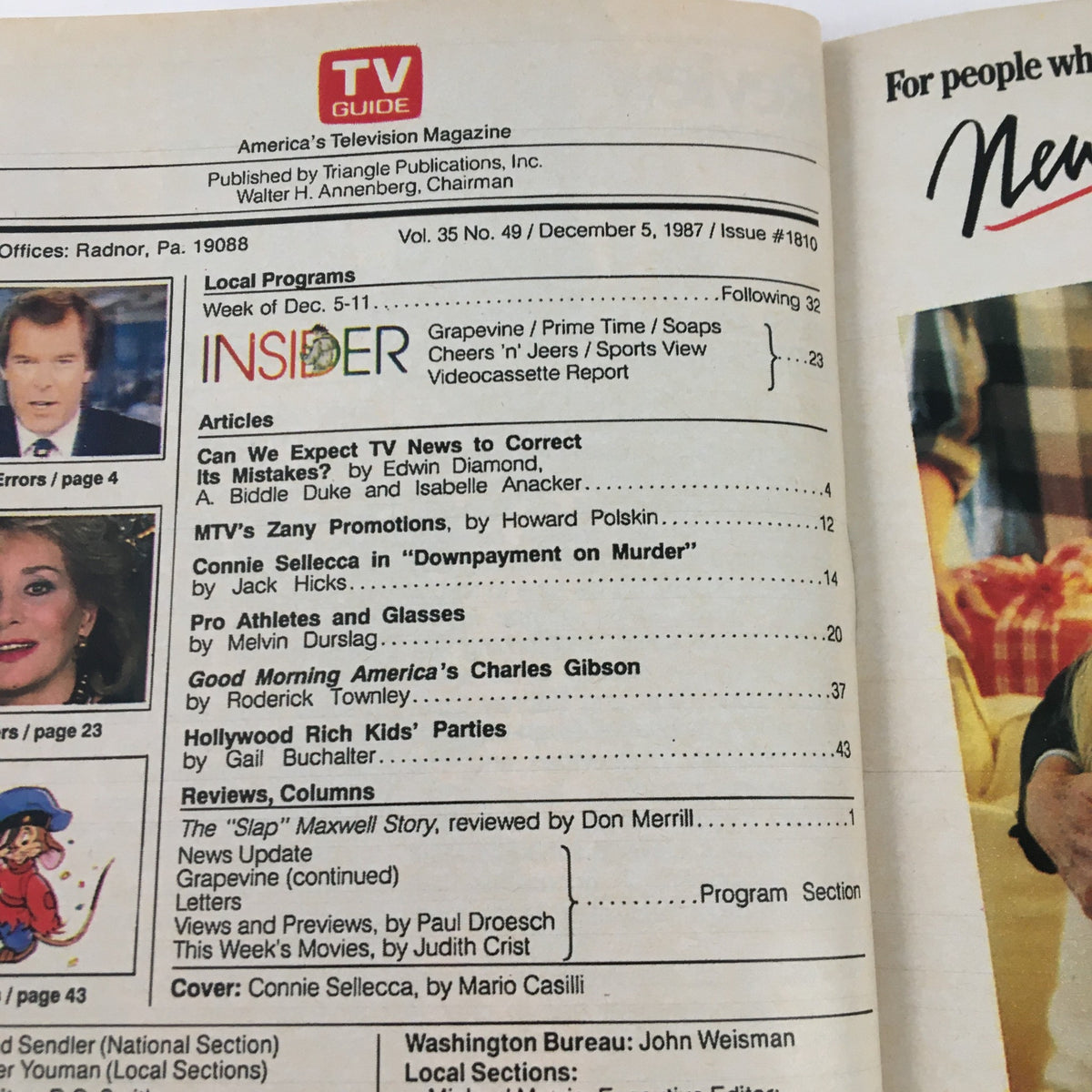 Inside pages of TV Guide Magazine December 5, 1987, displaying articles including Connie Selleca's feature in 'Downpayment on Murder' and the special report on TV news corrections.