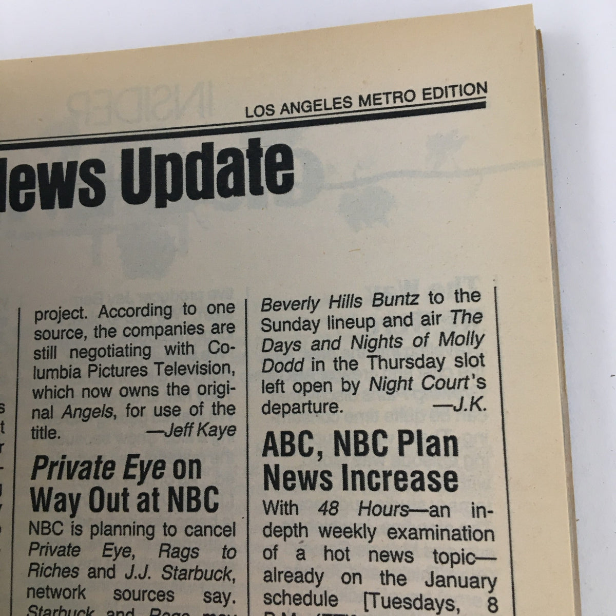News update section from TV Guide Magazine December 5, 1987, part of the Los Angeles Metro Edition, discussing upcoming television schedules and programming changes.