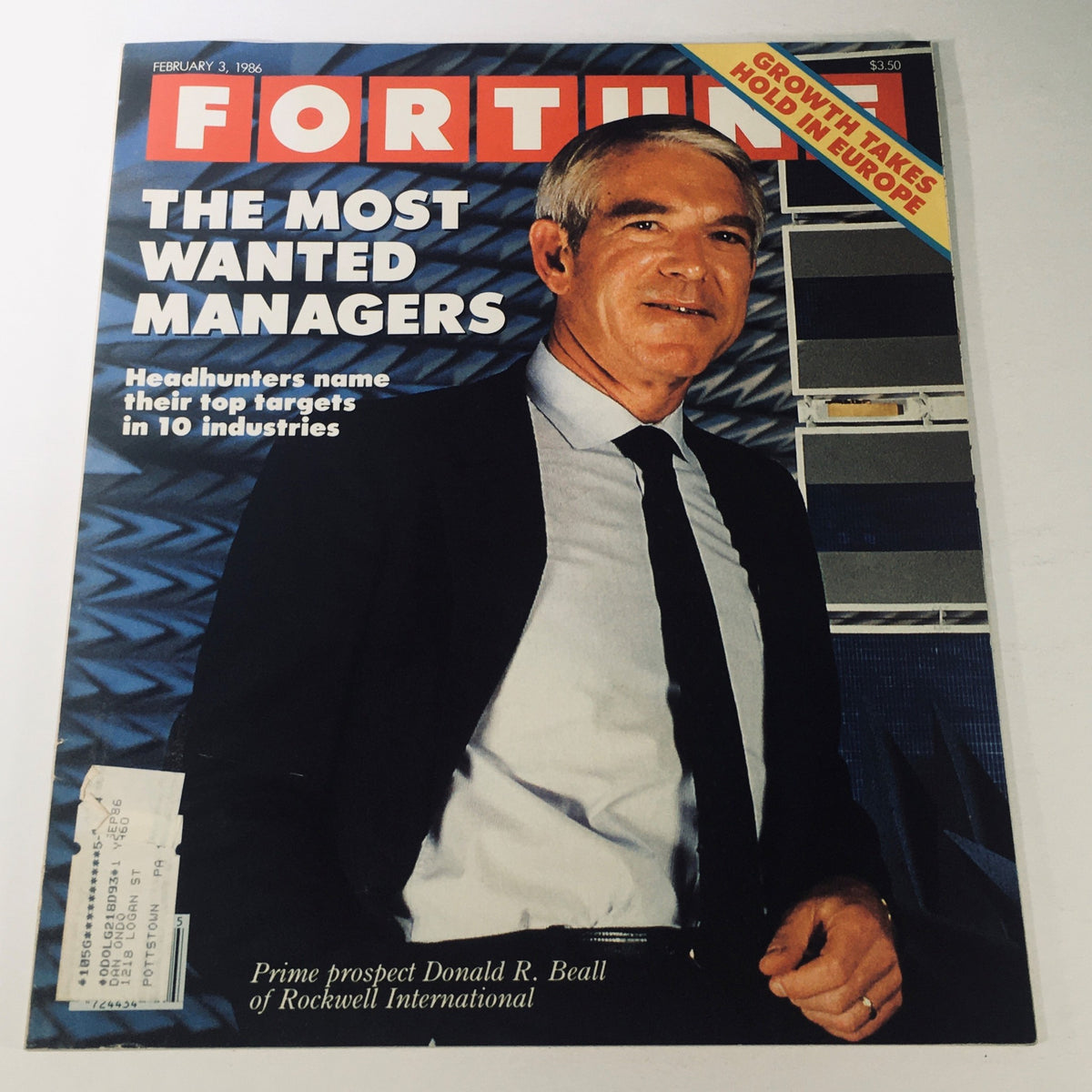 Cover of Fortune Magazine February 3, 1986 featuring the title 'The Most Wanted Managers' and highlighting prime prospect Donald R. Beall of Rockwell International.