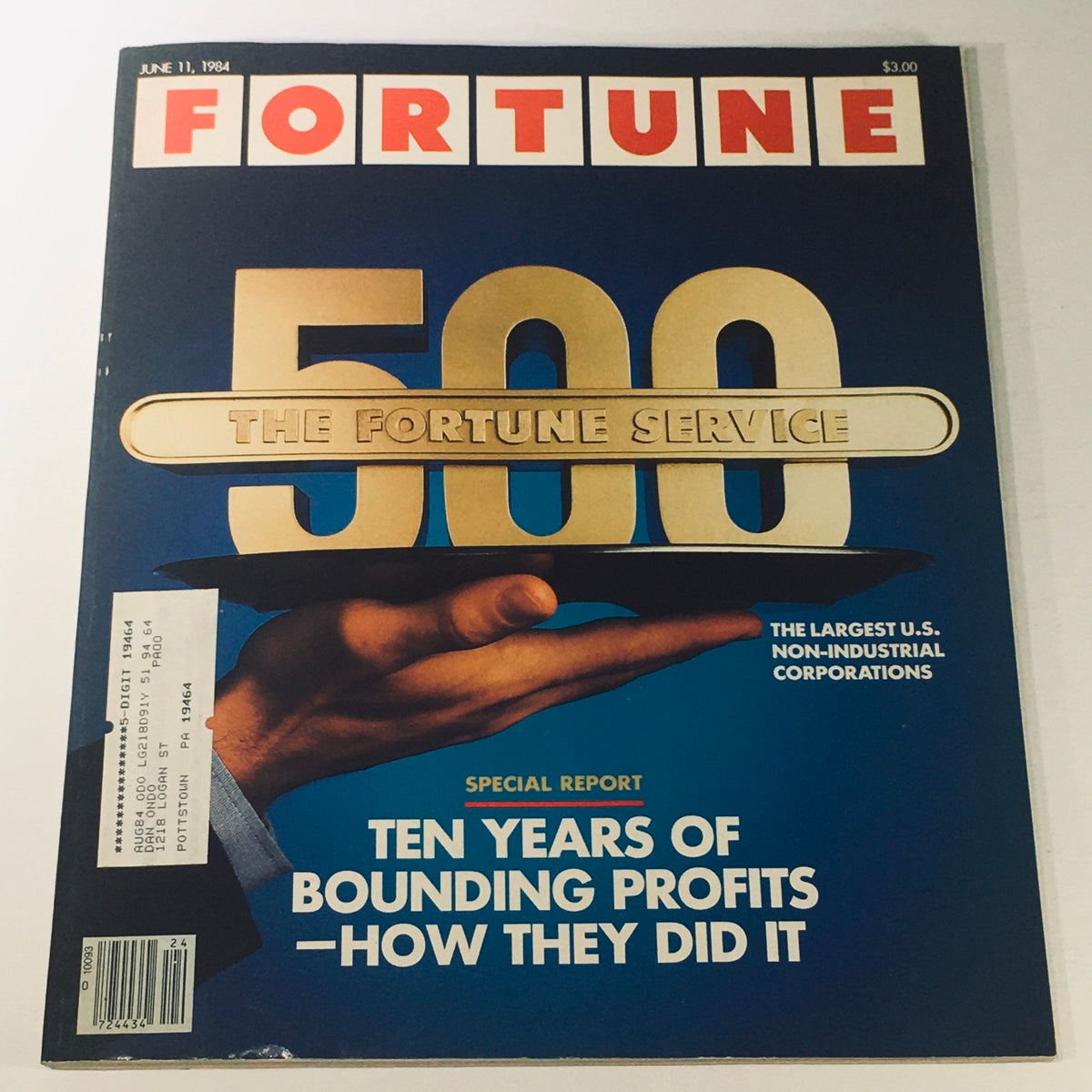 Cover image of the VTG Fortune Magazine dated June 11, 1984, featuring the title 'The Largest U.S. Non-Industrial Corporations' with a hand holding a gold '500' plate, highlighting a special report on business successes.
