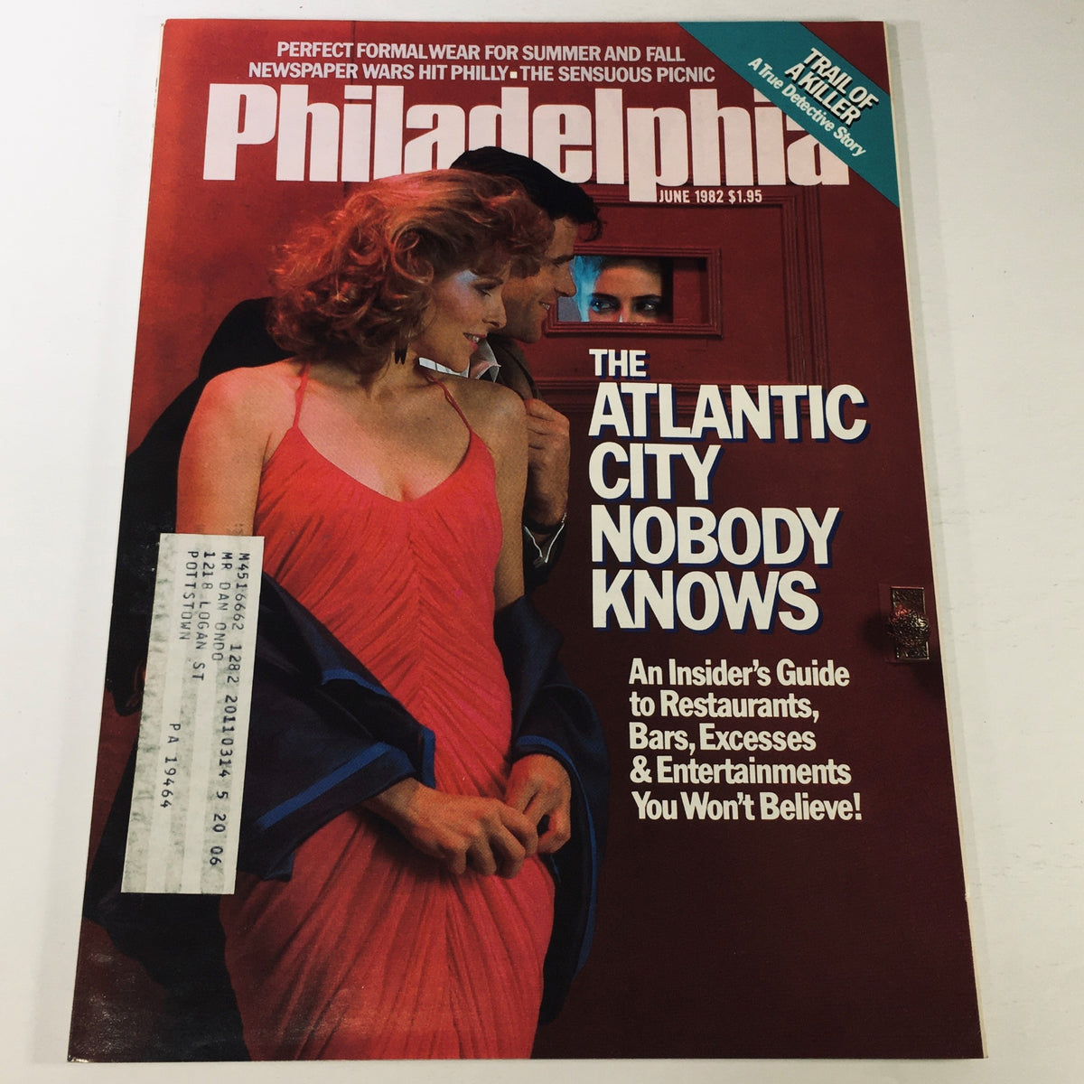 Vintage Philadelphia Magazine June 1982 issue featuring the cover story 'The Atlantic City That Nobody Knows,' showcasing two figures, a woman in a red dress and a man in a suit, capturing an insider's perspective on Atlantic City's dining and entertainment in the 1980s.