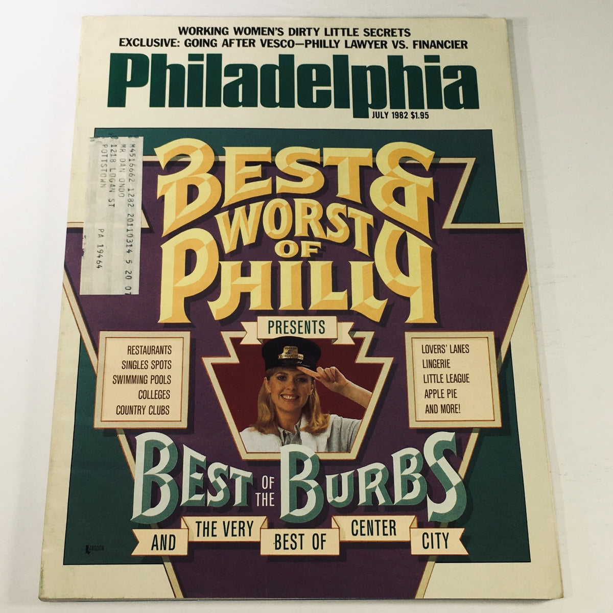 Vintage Philadelphia Magazine July 1982 cover featuring the main story 'Going Vesco: Philly Lawyer vs. Financier' along with a highlight on 'Best & Worst of Philly' and a photo of a woman in a police hat.