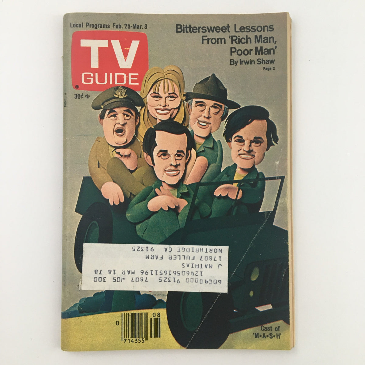 Cover of TV Guide Magazine from February 25, 1978, featuring Loretta Swit and the cast of M*A*S*H, showcasing a vintage cartoon-style illustration of the actors in a jeep.