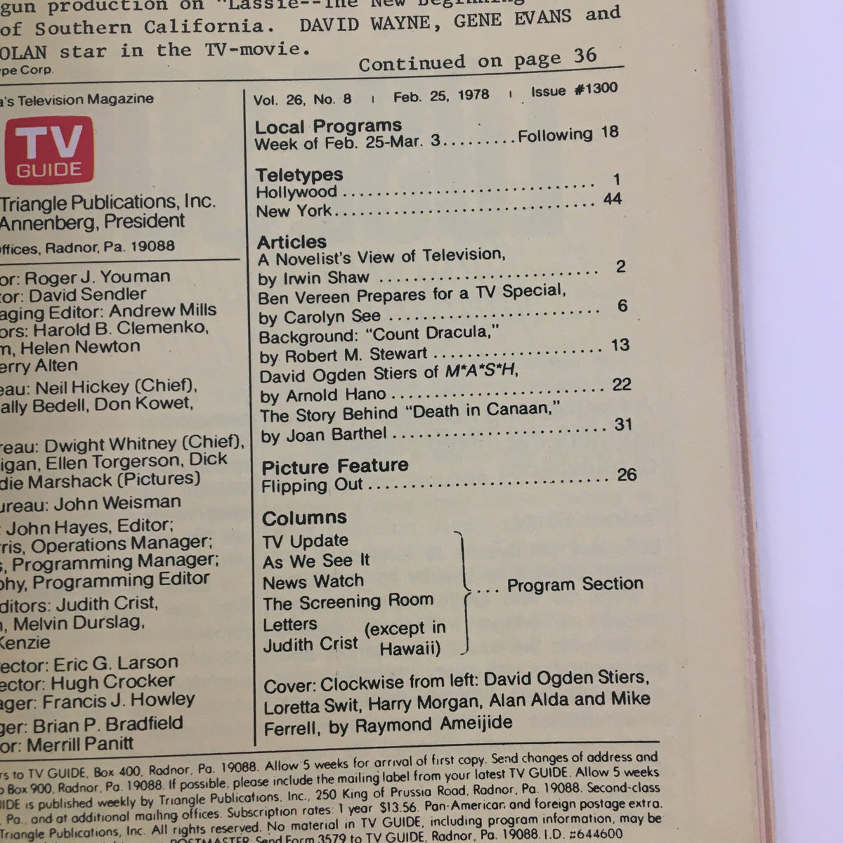 Interior page of TV Guide Magazine February 25, 1978, showing articles and columns featuring content related to M*A*S*H and other television programs, emphasizing vintage television history.
