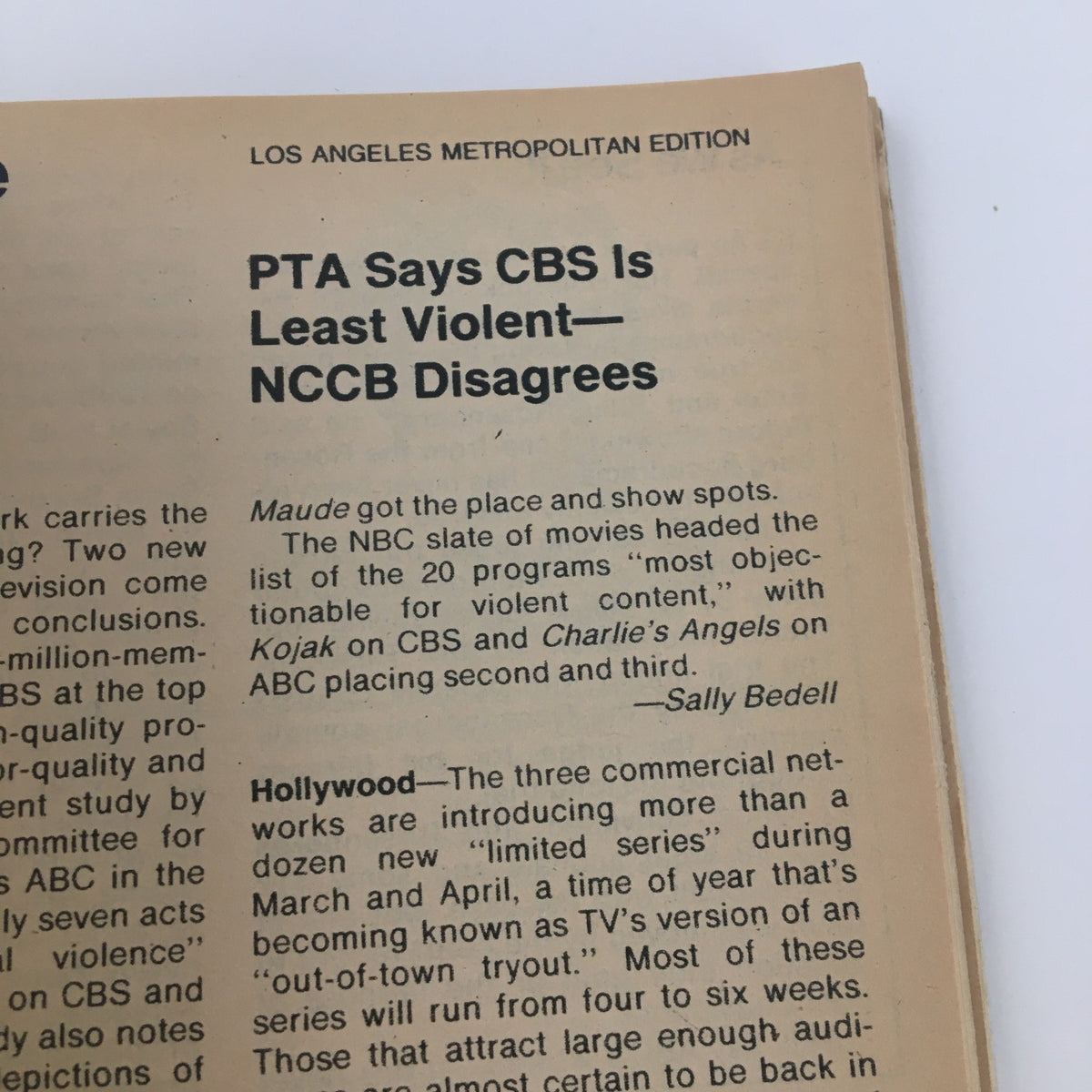 Interior page of TV Guide Magazine from February 25, 1978, featuring an article on television violence ratings, with a focus on CBS and comments from Sally Bedell.