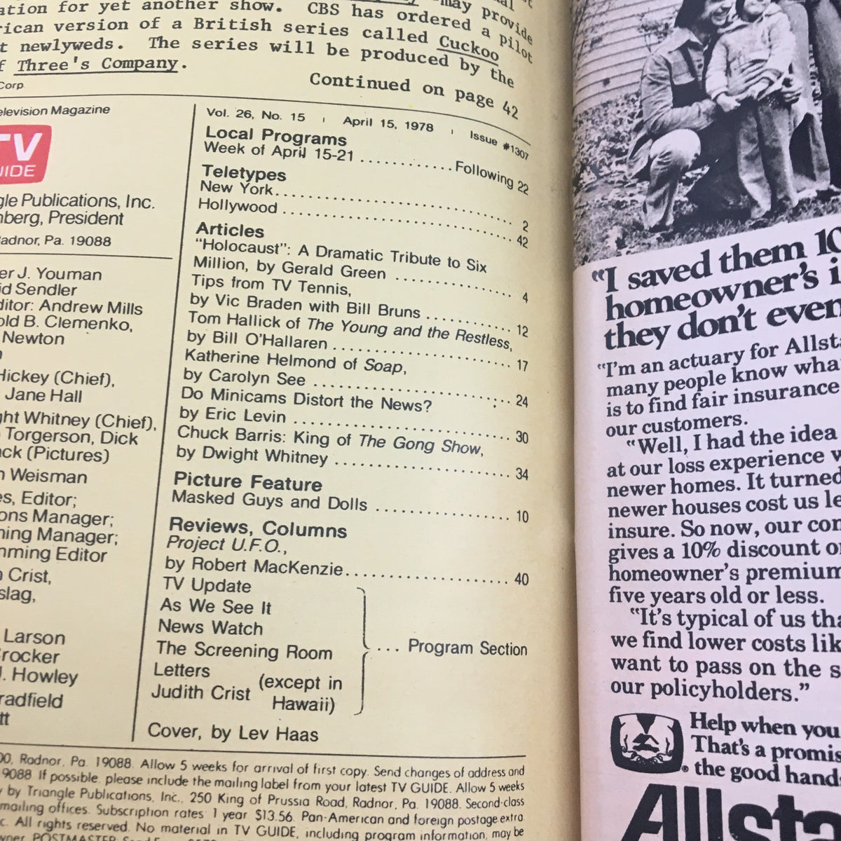 Table of contents within TV Guide Magazine April 15 1978, highlighting articles and programs, including coverage of the 'Holocaust' miniseries.