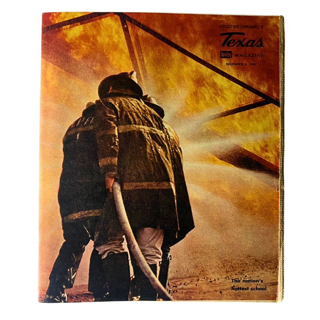 VTG Texas Sunday Magazine December 3 1967 featuring firefighters on the cover, highlighting the theme 'The nation's hottest school' with a striking visual of fire and rescue.