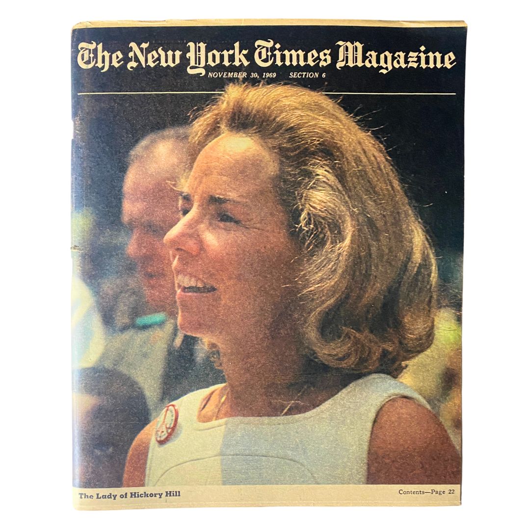 Cover of The New York Times Magazine November 30, 1969 featuring 'The Lady of Hickory Hill', showcasing a woman smiling with a historical background.