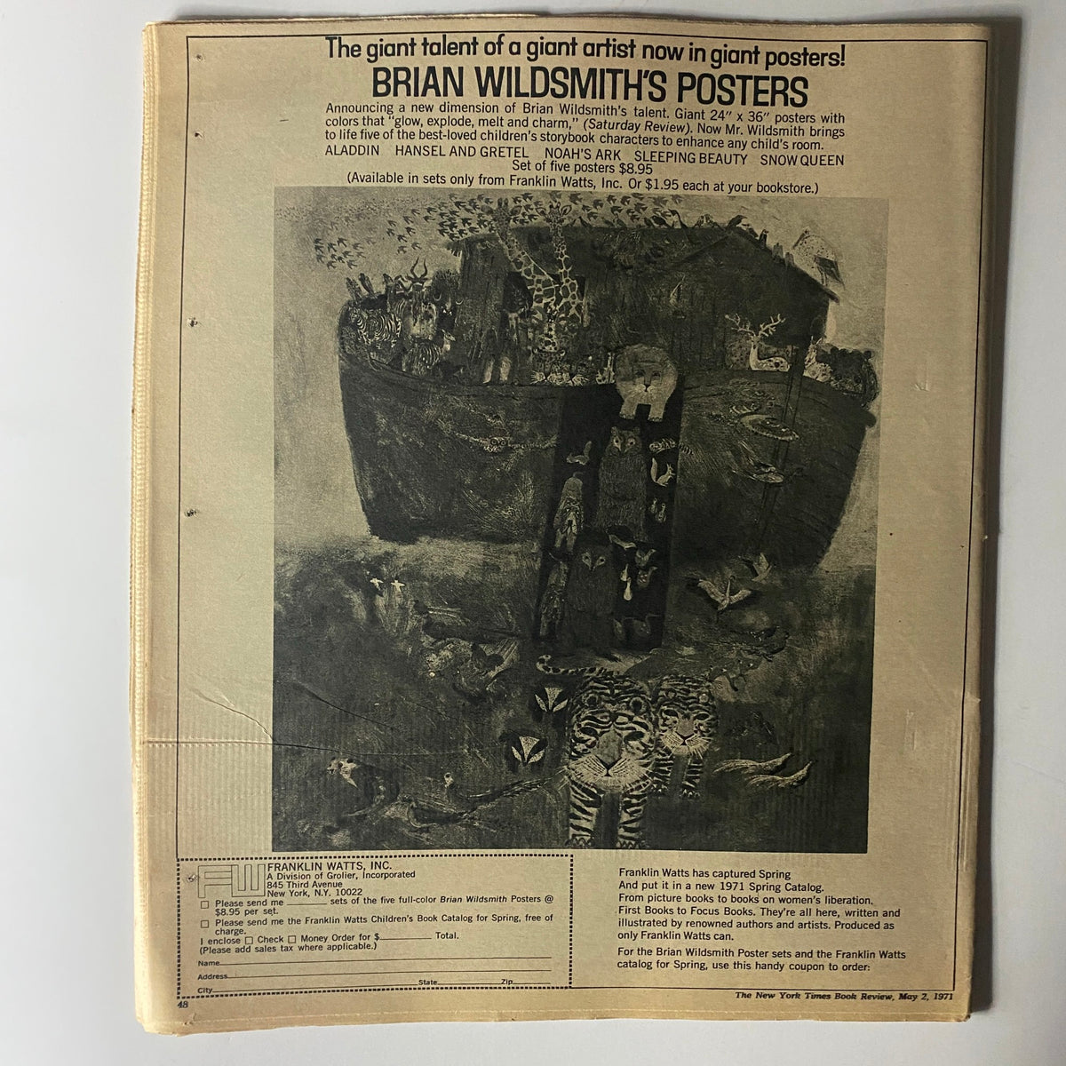 The New York Times Magazine May 2, 1971 advertisement for Brian Wildsmith's posters, promoting giant children's storybook character posters designed to enhance any child's room. This piece captures the artistic talent in children's literature during the 1970s.