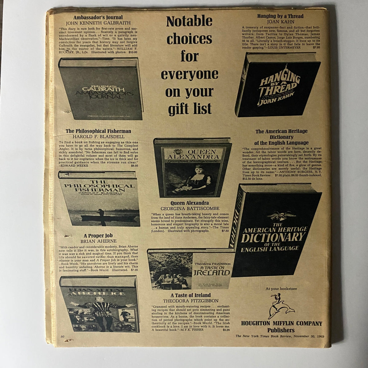 The New York Times Book Review November 30 1969 back cover featuring notable book recommendations for the gift list.