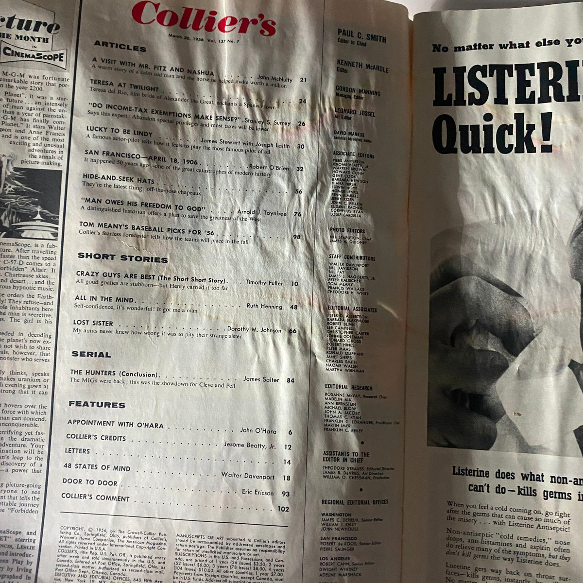 Inside page of Collier's Magazine March 30, 1956, showcasing the table of contents, highlighting articles and feature stories from the era, a great find for vintage magazine collectors.