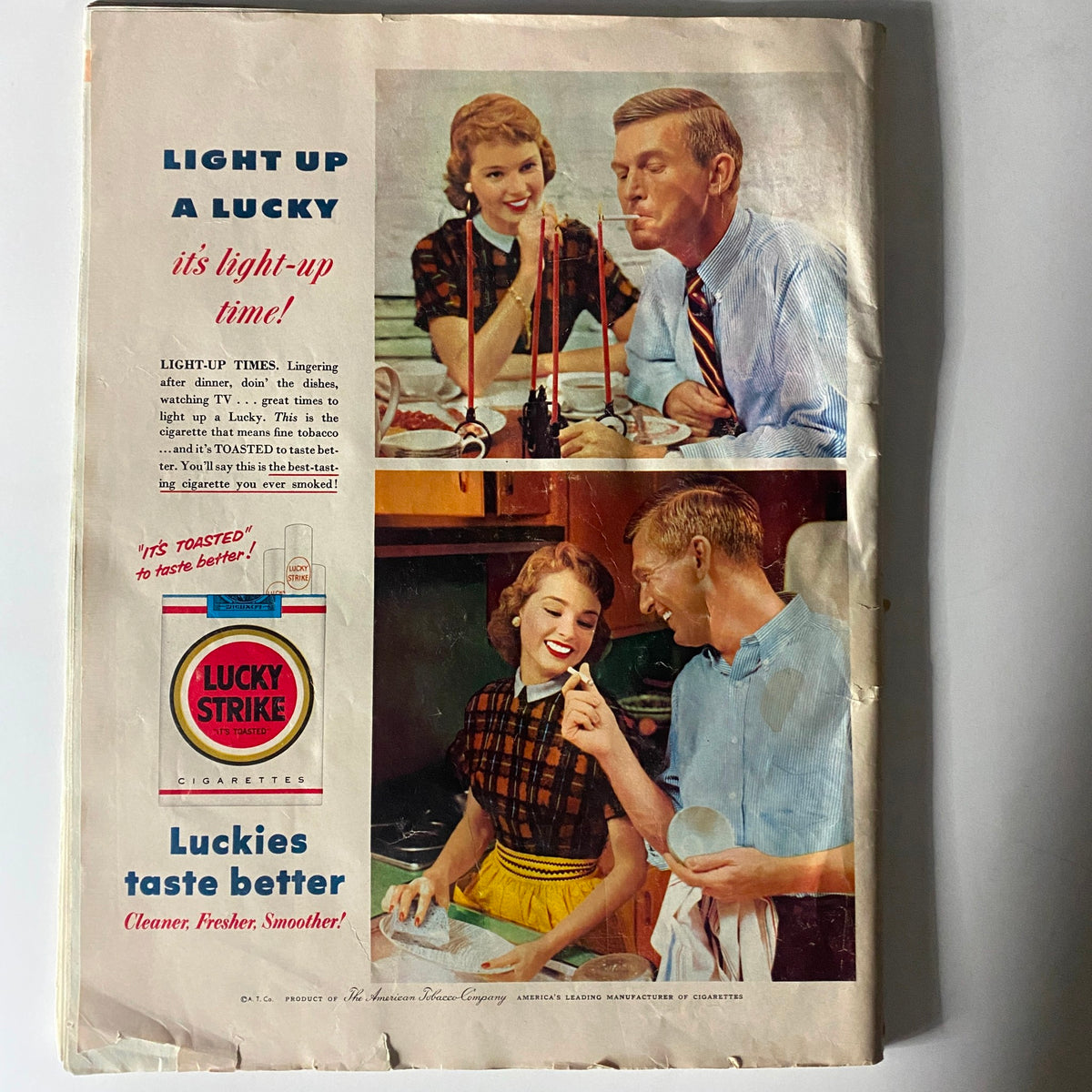 Retro advertisement for Lucky Strike cigarettes, illustrated in VTG Collier's Magazine March 30 1956, depicting a couple enjoying a moment together while promoting the brand.